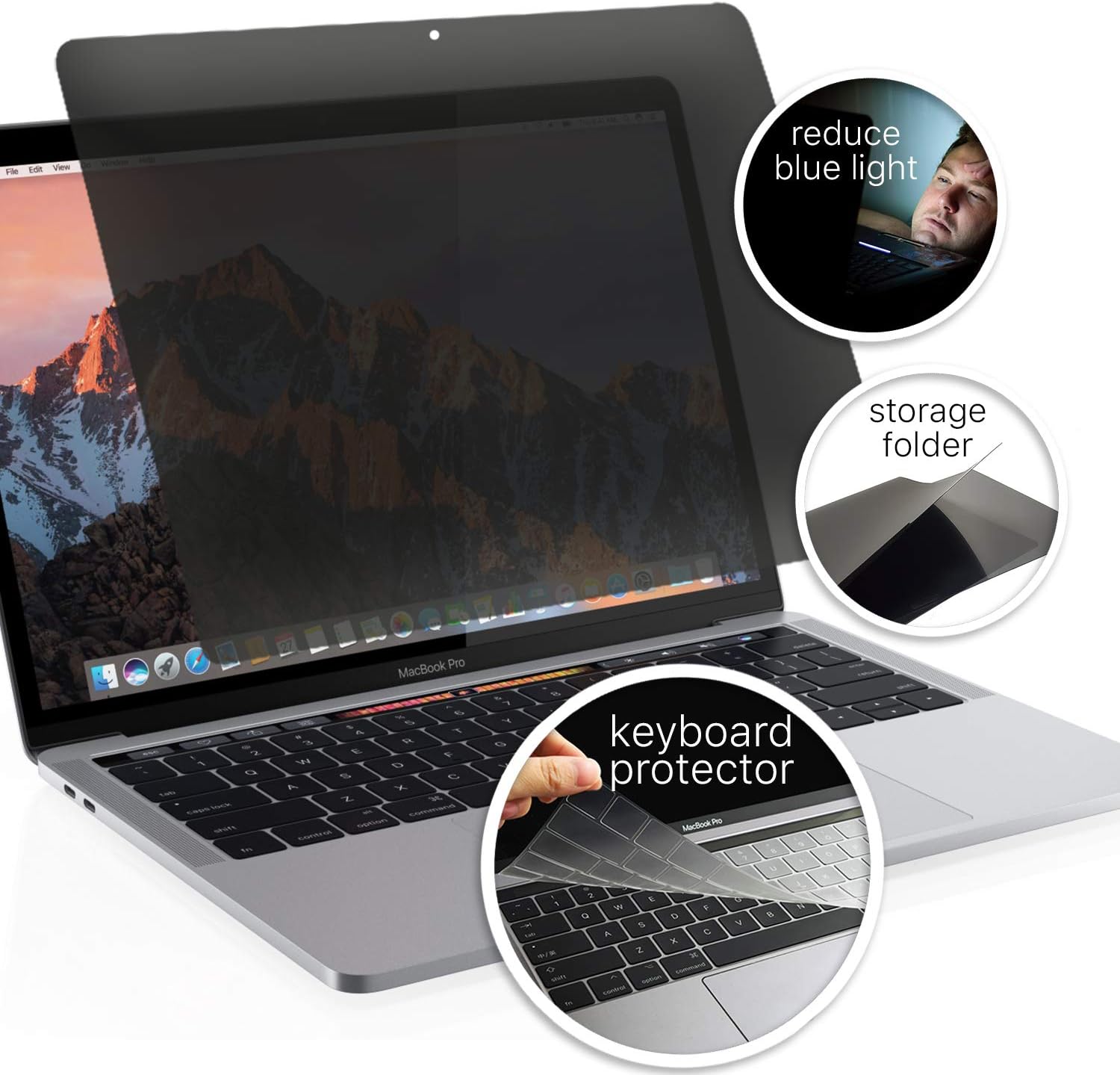 homy Privacy Screen Filter for MacBook Pro 13 inch Touch Bar. Bonus: Keyboard Protector Ultra-Thin TPU & Storage Folder. Easy On-Off Display Blackout Security for A1706 A1989 A2159 A1708 2016-2019.