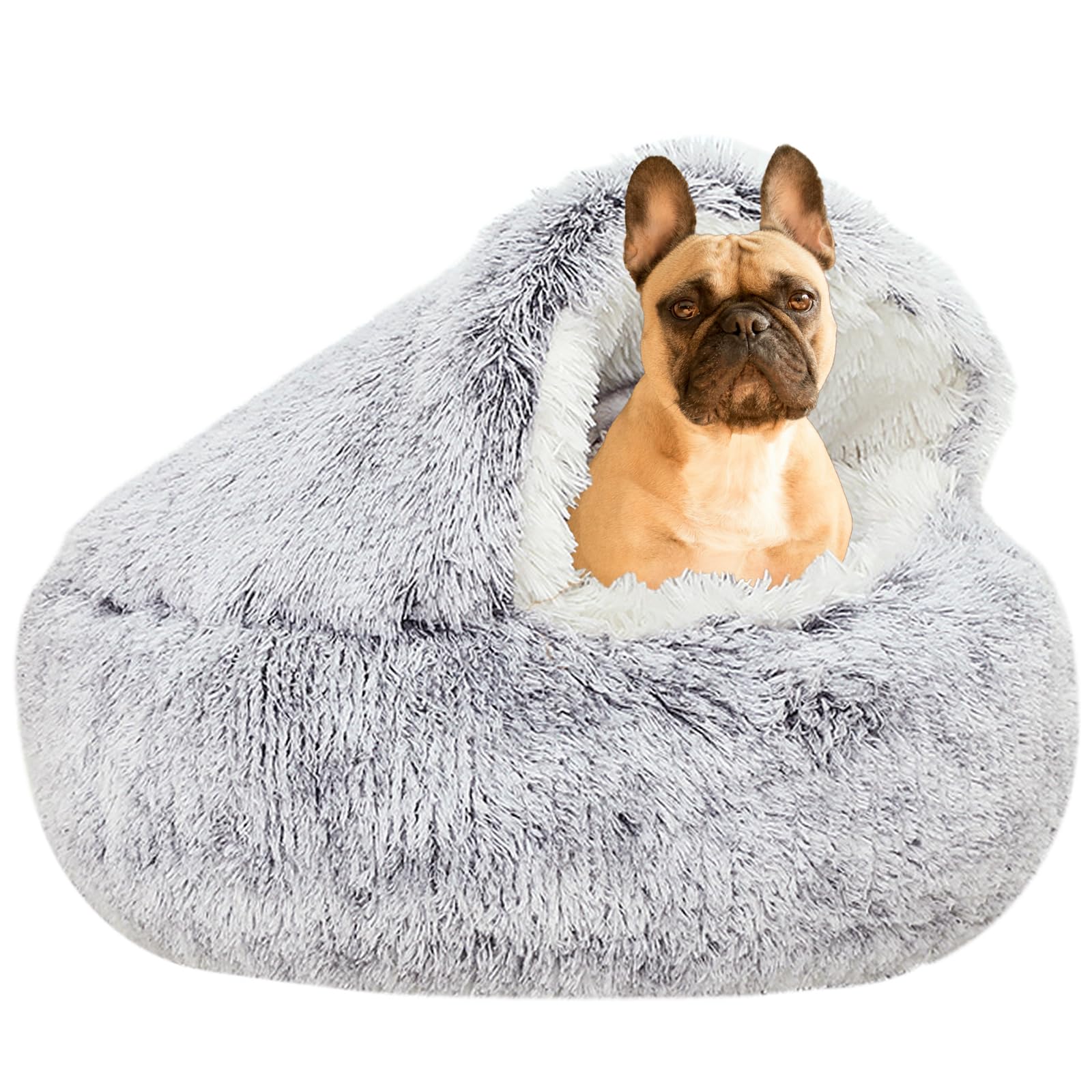 YUDANSI Dog Beds, 65cm Under 9 kg Covered Dog Cat Bed for Cats Calming Down, Burrowing Cat Small Medium Dog Bed with Hood for Anti Anxiety, Non-Slip Plush Faux Fur Nest with Ceiling Puppy Pet Bed