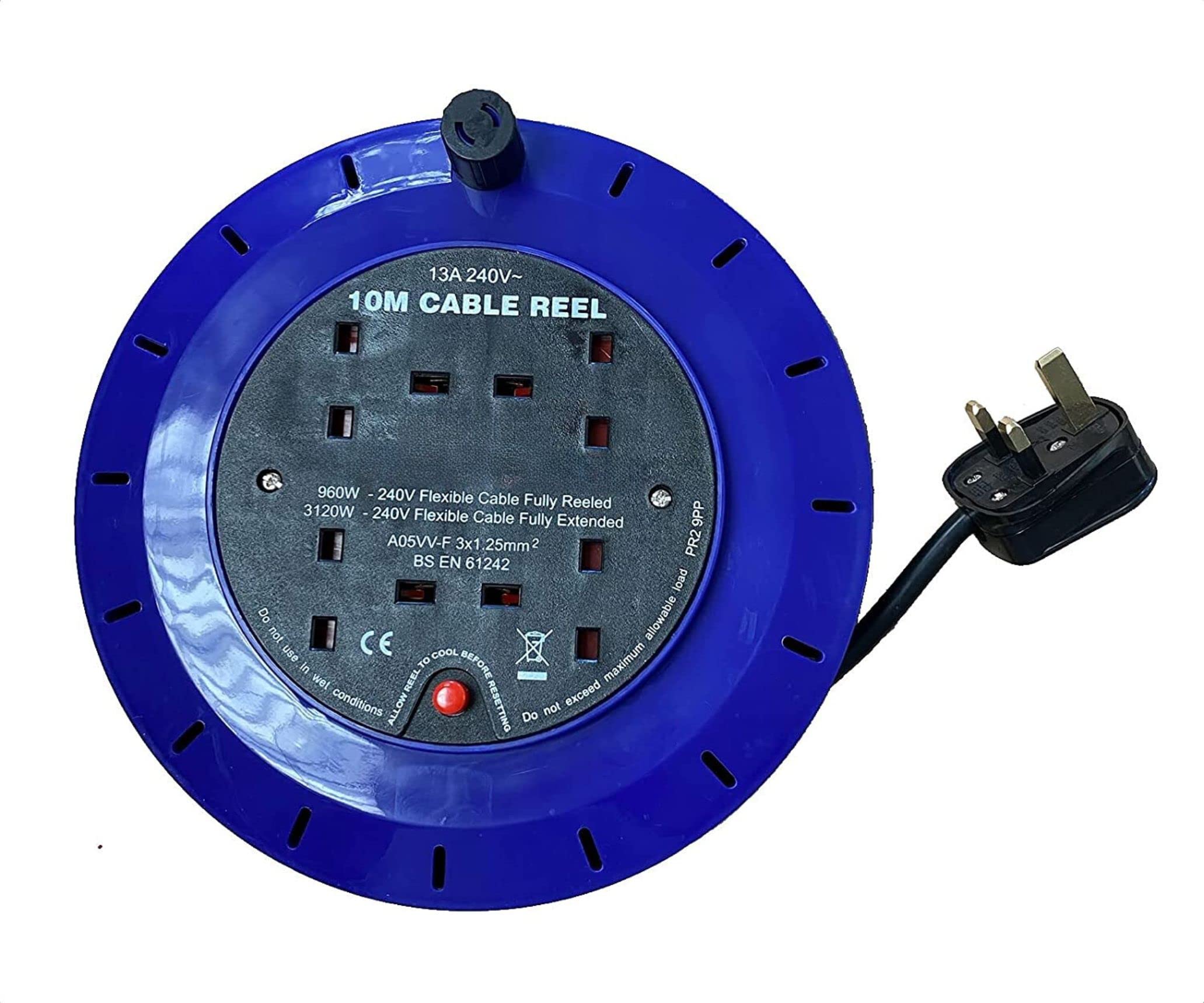 ShaniTech 10m Meter 4 Way Gang Mains Extension Lead Reel 13Amp Thermal Cut Out ideal for Garden, Workshop, DIY