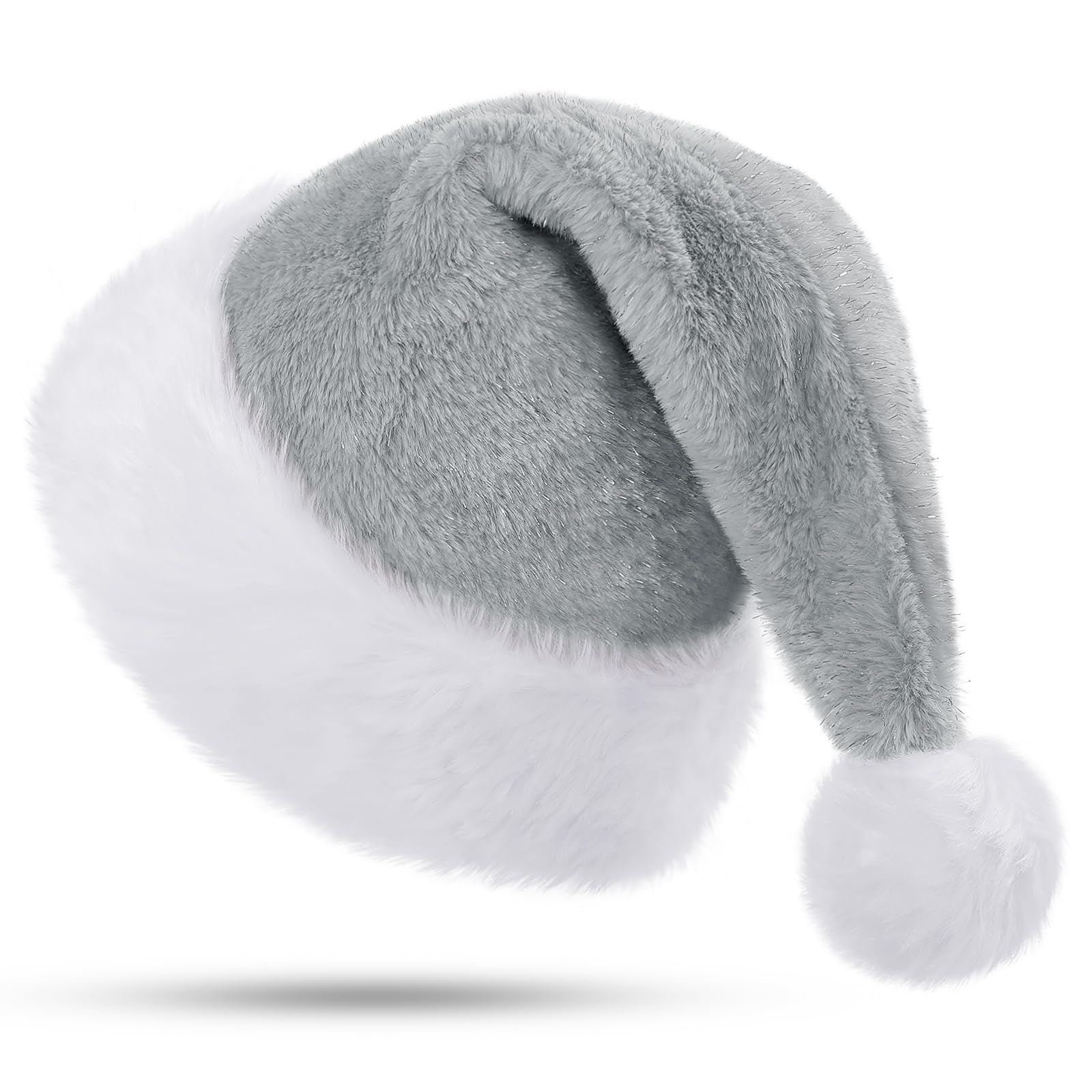 KONVINIT Grey Christmas Santa Hat Adult,Fluffy Sparkly Santa Claus Hat Plush Santa Hat with Double Lining for Christmas Party or Costume,Luxury Father Christmas Hat for Men and Women,Grey — image 1