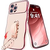 Miss Arts for iPhone 16 Pro Max Case with Stand, Wavy Edge Phone Case with Finger Grip Strap, Women Girls Luxury Cute Slim Protective Cover for 16 Pro Max, Pink