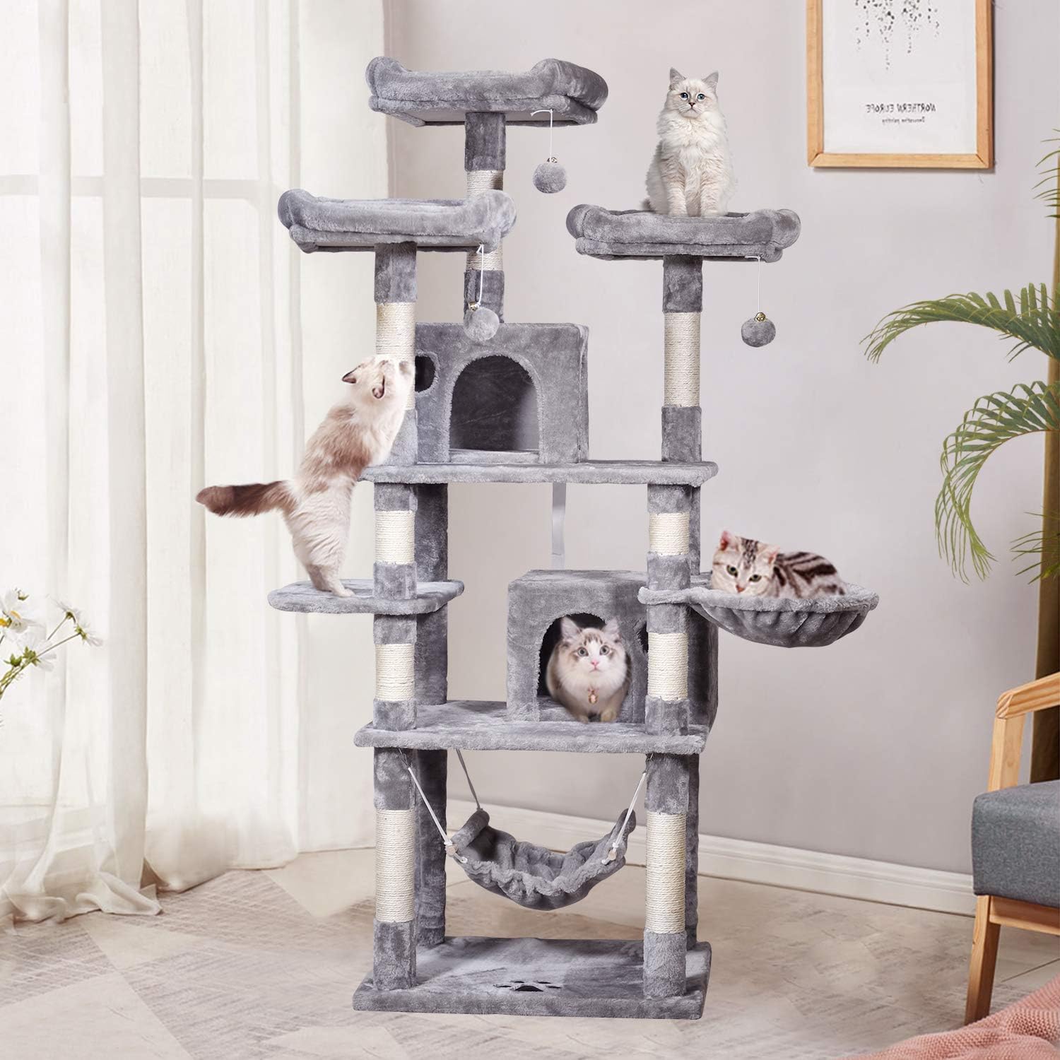 MQ Multi-Level Cat Tree, Activity Center Cat Tower Furniture 67" with Sisal-Covered Scratching Posts 3Pcs Padded Plush Perches Dual Condo & Basket Removable Hammock for Adult Large Small Cats (Gray) : Pet Supplies