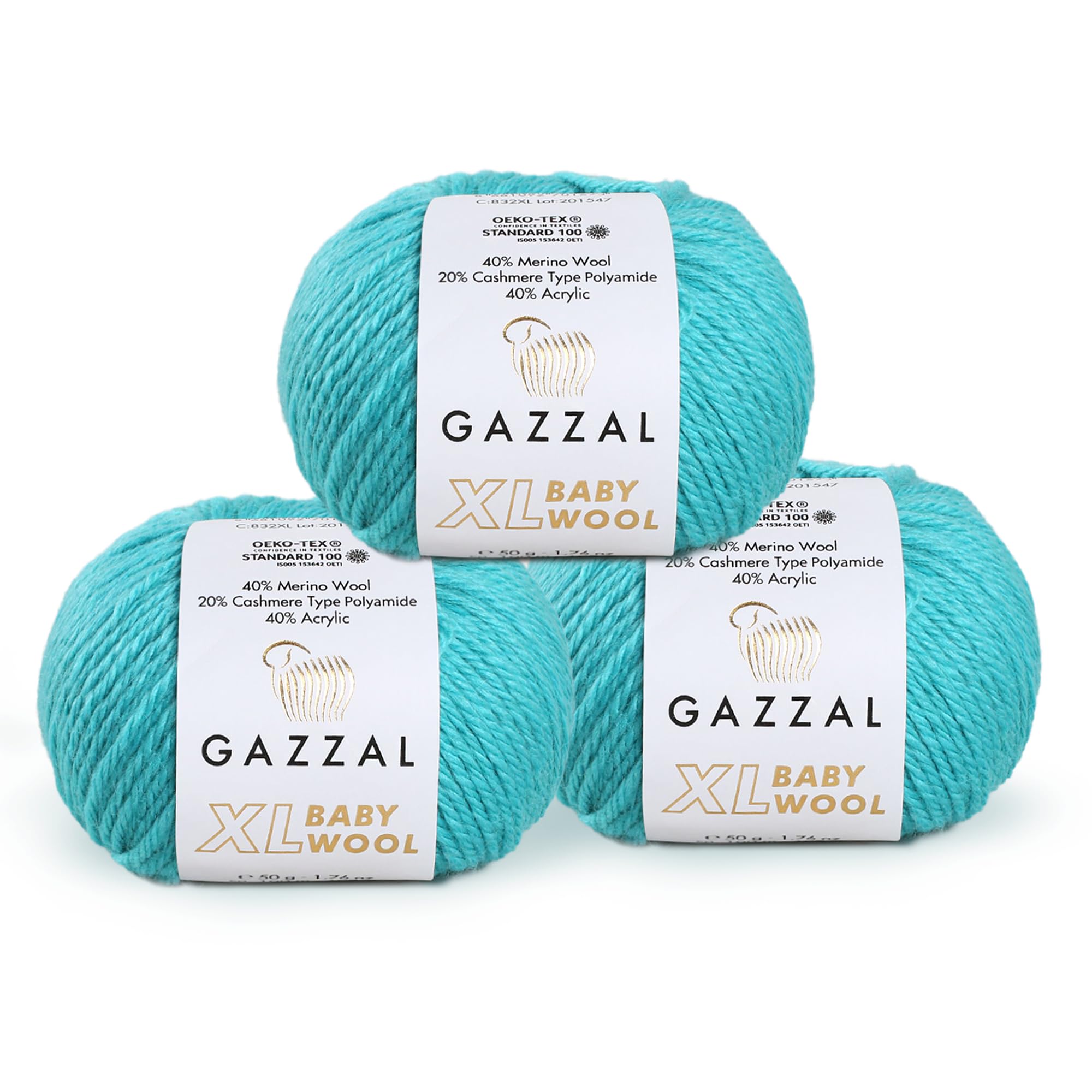 3 Pack (Ball) Gazzal Baby Wool XL Total 5.28 Oz / 328 Yrds, Each Ball 1.76 Oz (50g) / 109 Yrds (100m) Super Soft, Medium-Worsted Yarn, 40% Lana Merino 20% Cashmere Type Polyamide, Blue - 832