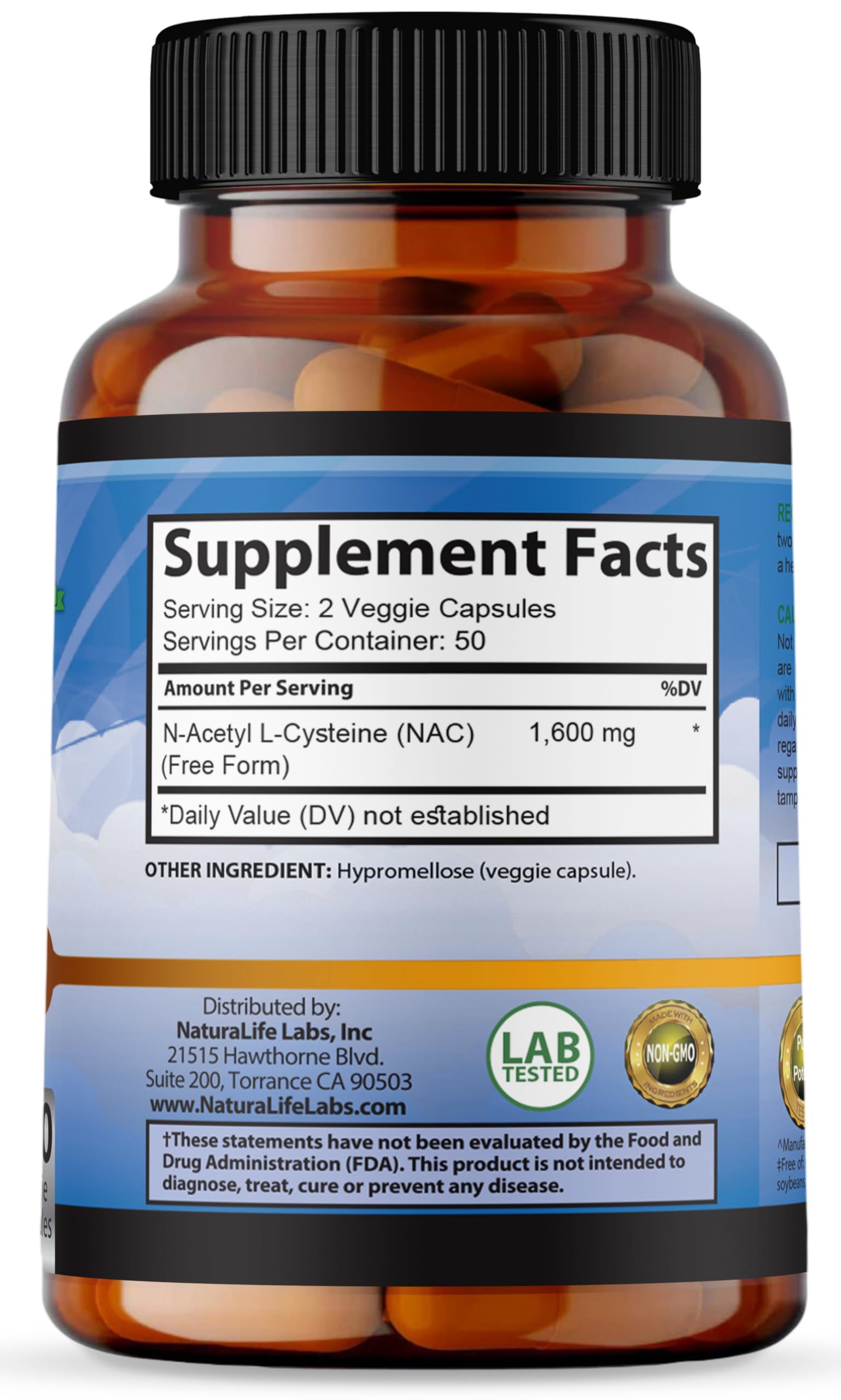 NaturaLife Labs N-Acetyl-L-Cysteine (NAC) 1600 mg – 100 Capsules, Non-GMO & Gluten-Free