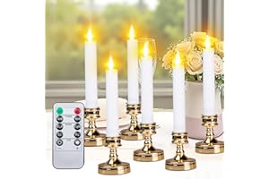 DRESSVOGUER Flameless Taper Candles with Remote Timer, 6 Pcs Battery Operated Candle Real Wax Window Candles Ivory Flickering, LED Birthday Candles with Gold Holders for Valentine's Day Home Wedding Decor