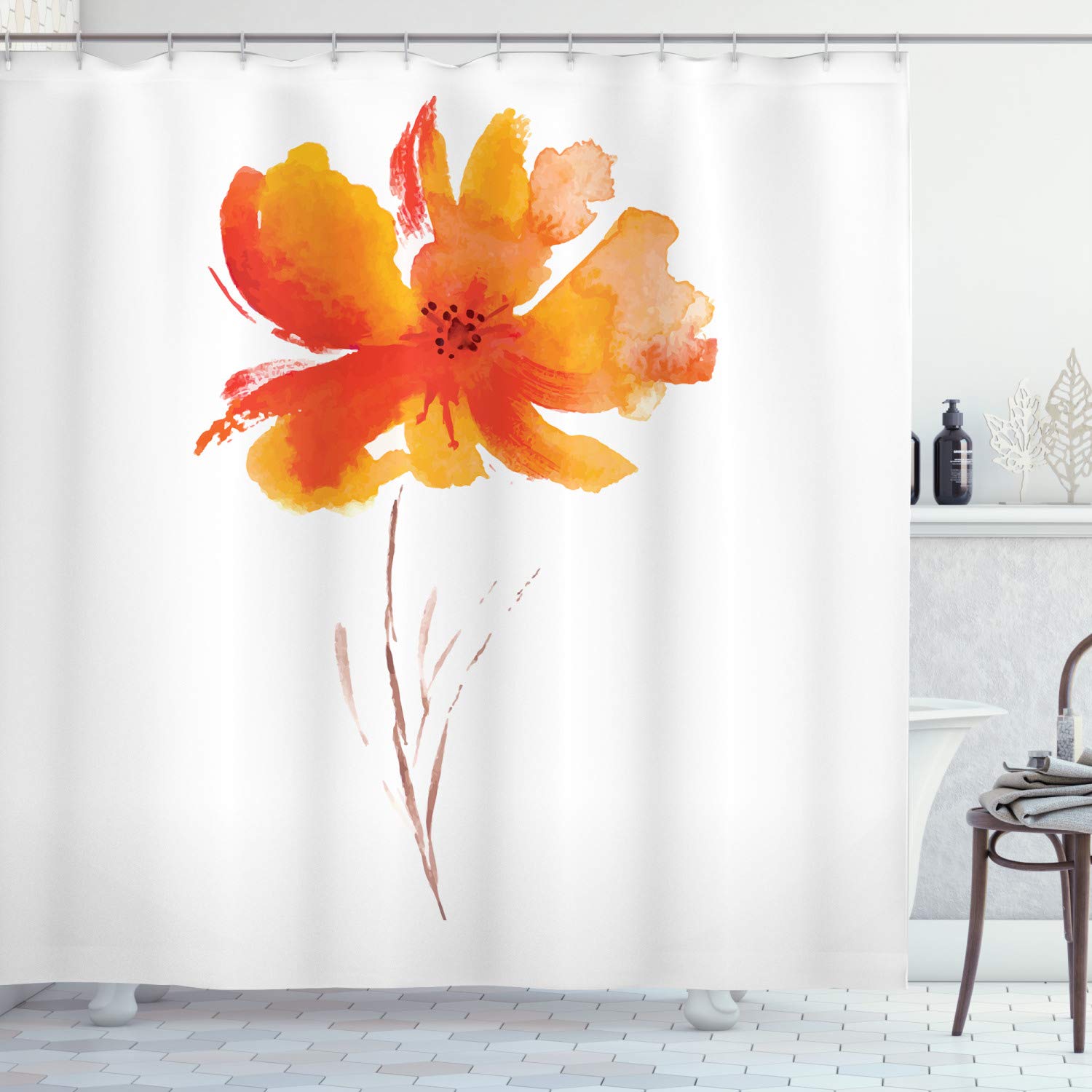 ABAKUHAUS Watercolor Flower Shower Curtain, Single Poppy Flower on Plain Clear Background Nature Inspired Romantic, Cloth Fabric Bathroom Decor Set with Hooks, 175 x 180 cm, Orange White — image 1