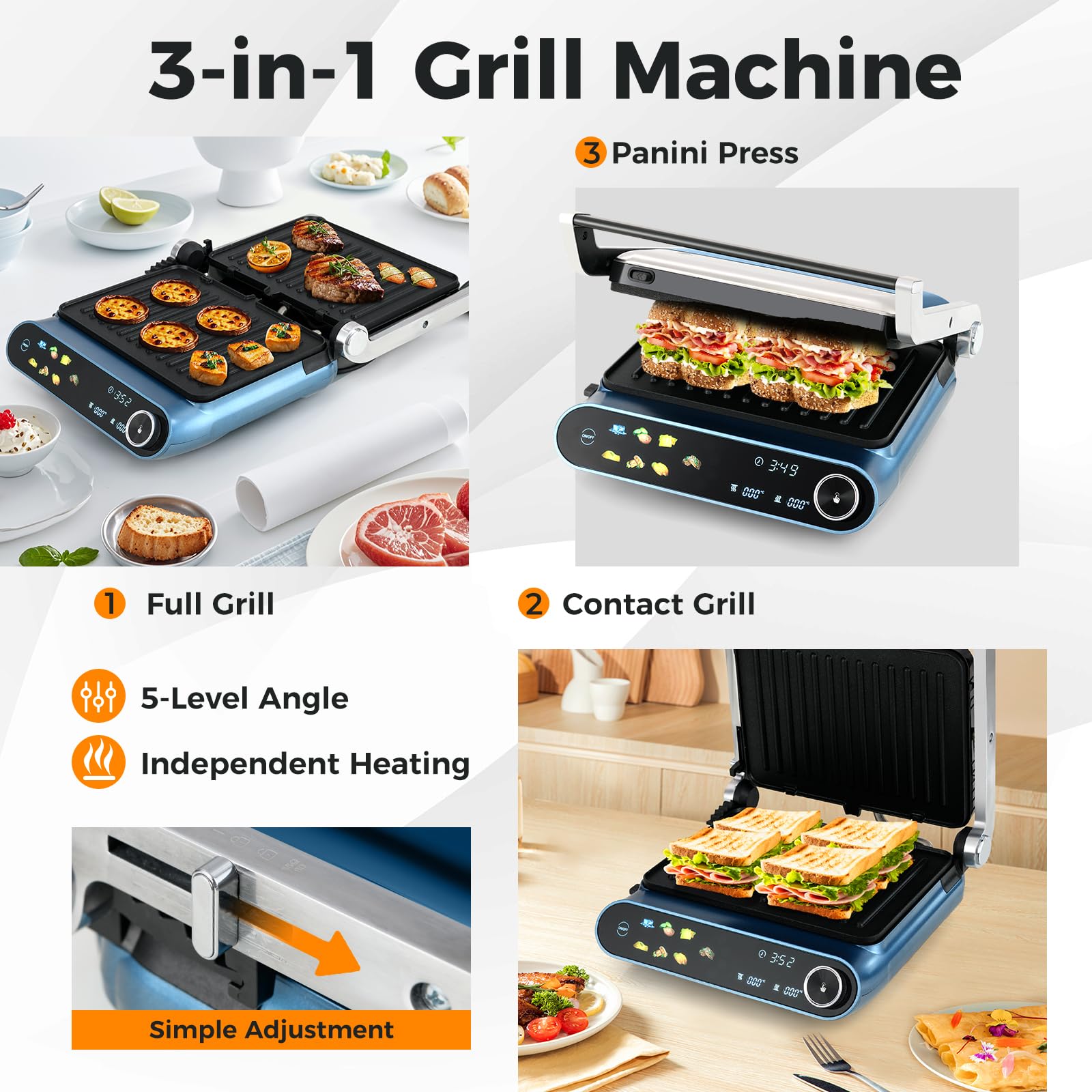Happygrill 3 in 1 Panini Press Electric Indoor Grill & Sandwich Maker,1200W Open Flat Griddle w/ 2 Removable Non-Stick Dishwasher-Safe Plates,LED Display,7 Modes,Independent Temp Control & Drip Tray