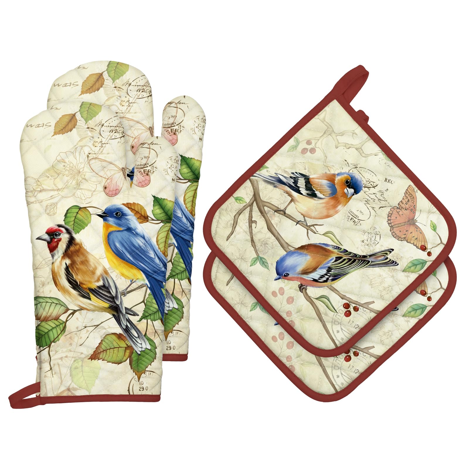 Arquiel Retro Bird Oven Mitts and Pot Holders -100% Cotton, Heat Resistant Extra Long Oven Gloves & Hot Pads for Cooking BBQ Grilling Baking Gift, Set of 4