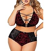 Women Valentines Lingerie Set - Sexy Plus Size Crushed Velvet Mesh Lace Up Exotic Halter Bralette High Waist Panty