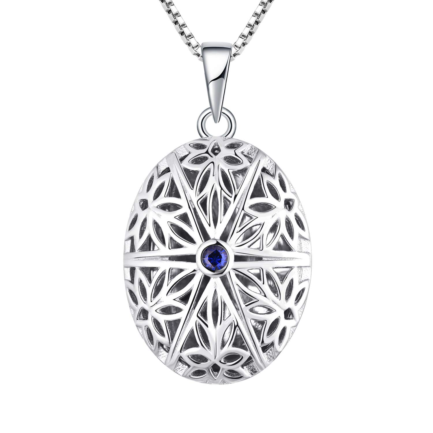 FJ Oval Photo Locket Necklace 925 Sterling Silver Personalised Picture Memory Locket Pendant Necklace Sapphire Vintage Jewellery Gifts for Women Ladies Girls