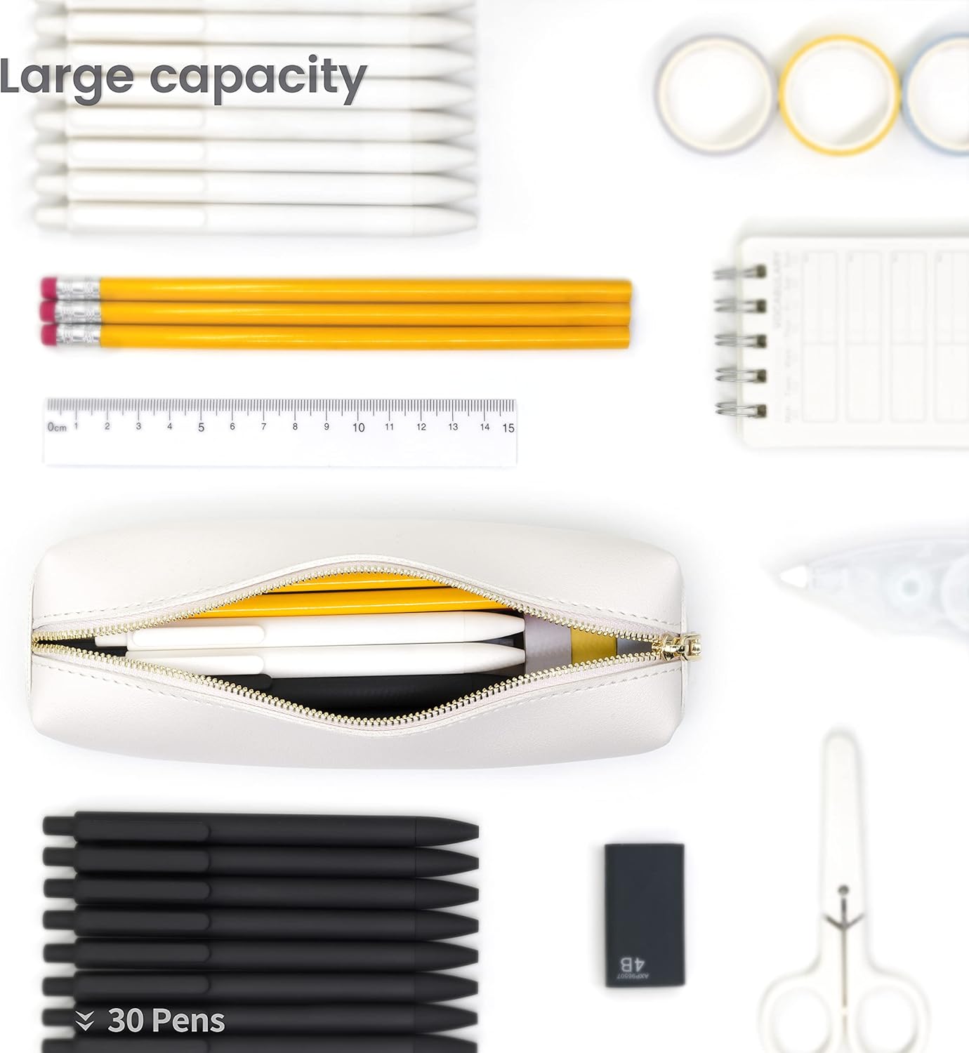 eusbon PU Pencil Pen Case Portable Stationery Bag Big Capacity Pencil Pouch Cosmetic Organizer Bag for College Student Beige - Image 5