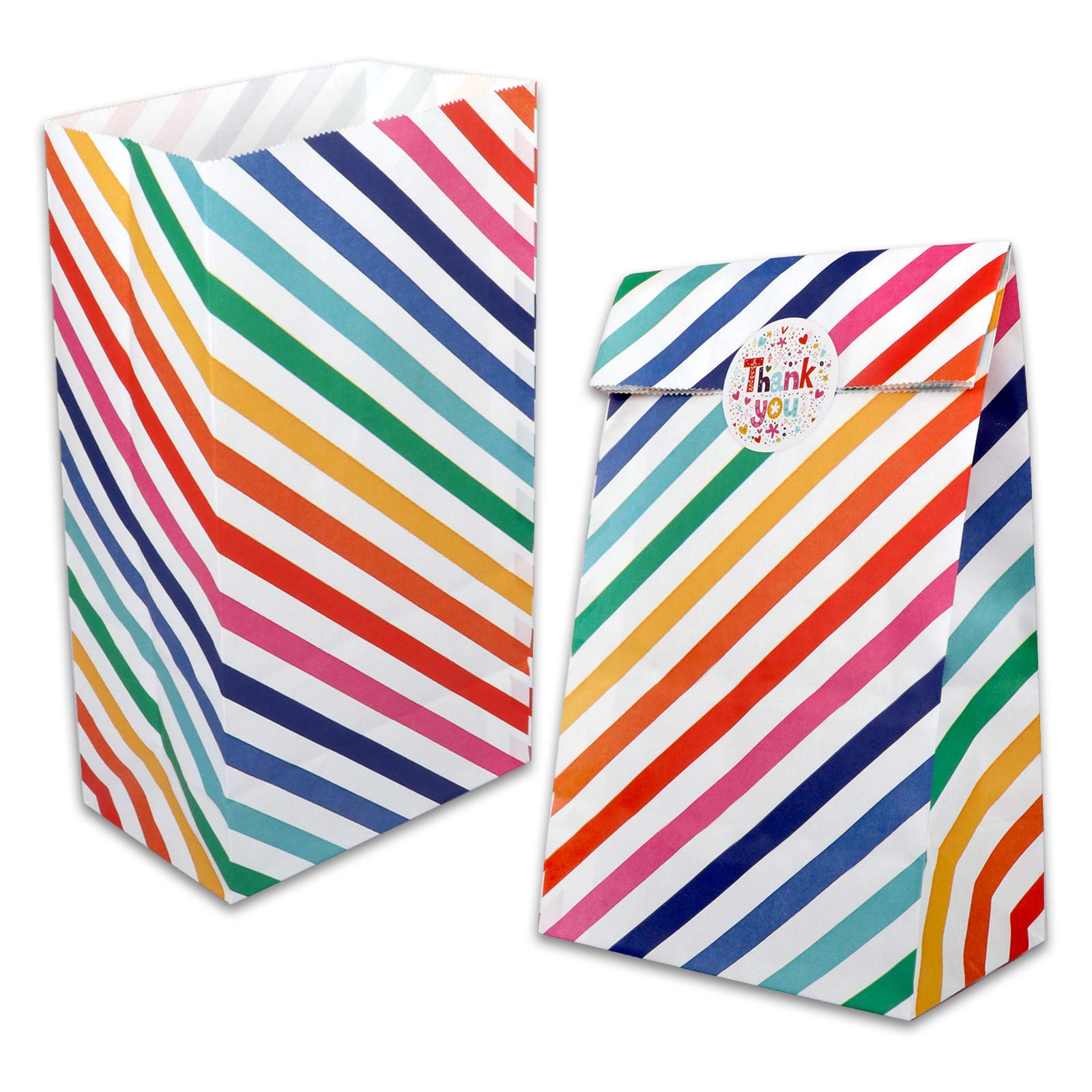 AUERVO 20PCS Rainbow Stripe Kraft Paper Candy Bags, Grocery Goodie Gift Treat Bags With Thank You Stickers for Birthday Wedding Valentines' Day Sweets Gifts Favour 5" X 9"