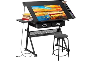 SUPER DEAL Adjustable Drafting Table Set with Charging Station, Tilting Drawing Desk Artist Desk with Stool Multifunctional Art Craft Workstation with 2 Storage Drawers for Home Office School