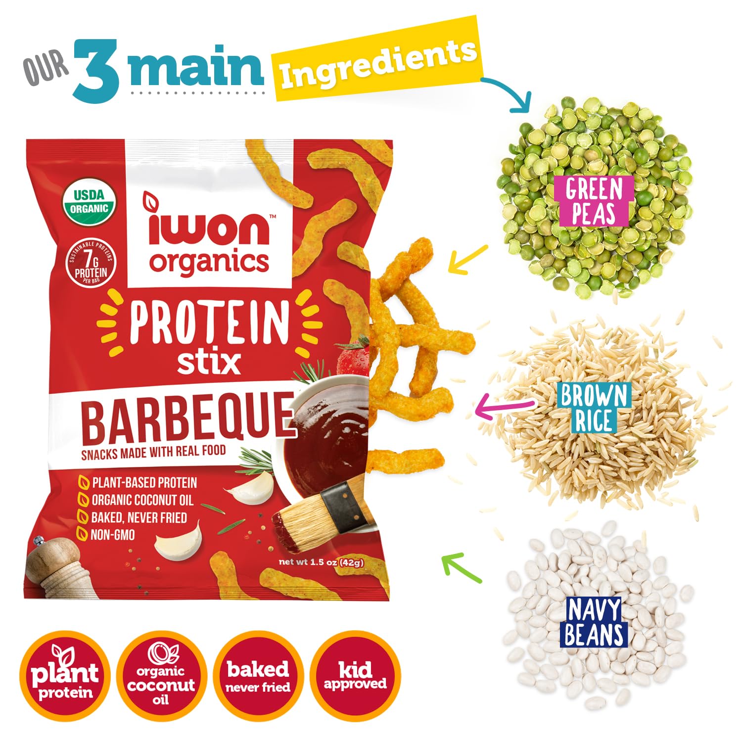 IWON Organics Mesquite BBQ Flavor Snack Stix, High Protein and Organic Healthy Snacks, 8 Bags, 1.5 Ounce
