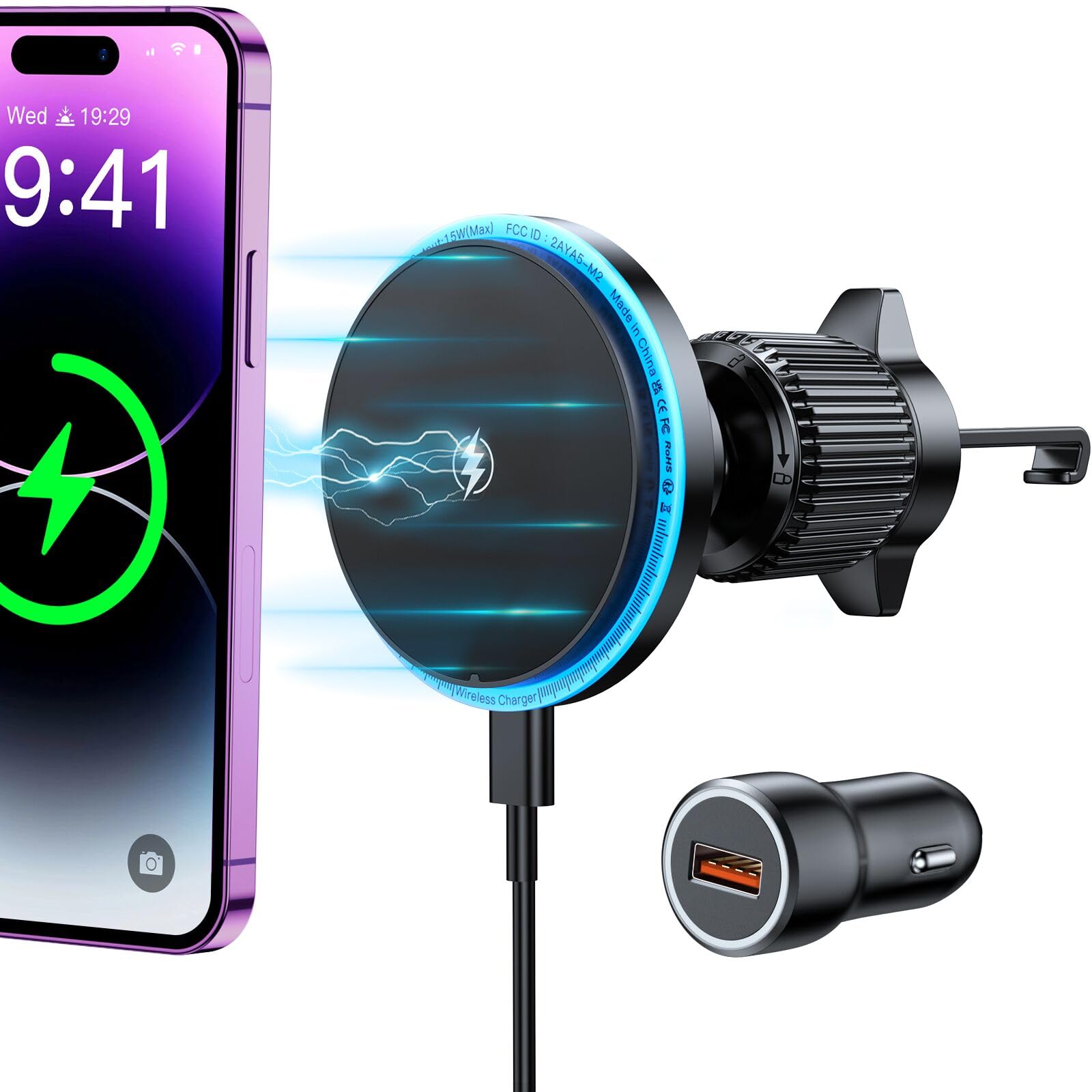 Rolgno Car Phone Holder Wireless Charger, [15W Fast Charging] Compatible with MagSafe Car Mount, Super Stable Air Vent Hook, Compatible with iPhone 17/16/15/14/13/12 Series(QC3.0 Car Charger Included)