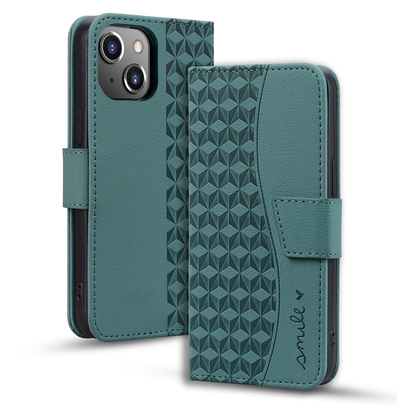 LOLFZ Wallet Case for iPhone 13, Card Holder Kickstand Magnetic Flip PU Leather Case Shockproof TPU Bumper Protective Phone Cover for iPhone 13 - Green
