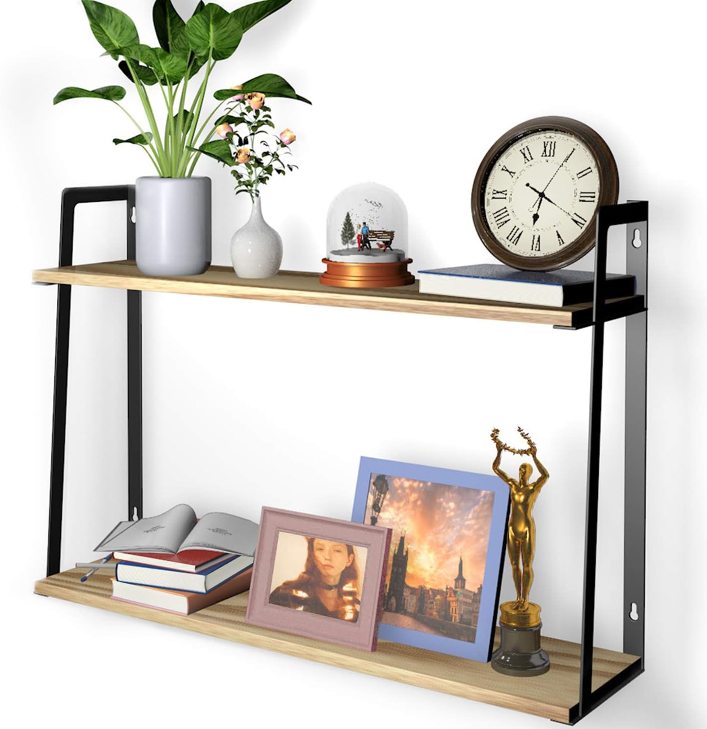 2 Tier Wall Bookshelves, HuTools Floating Shelves for Bedroom, Kitchen, Living Room, Bathroom Decor, Wall Mounted Bookshelf Rustic Style