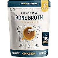 Bare Bones Bone Broth Instant Powdered Beverage Mix, Chicken, Pack of 16, 15g Sticks, 10g Protein, Keto & Paleo Friendly