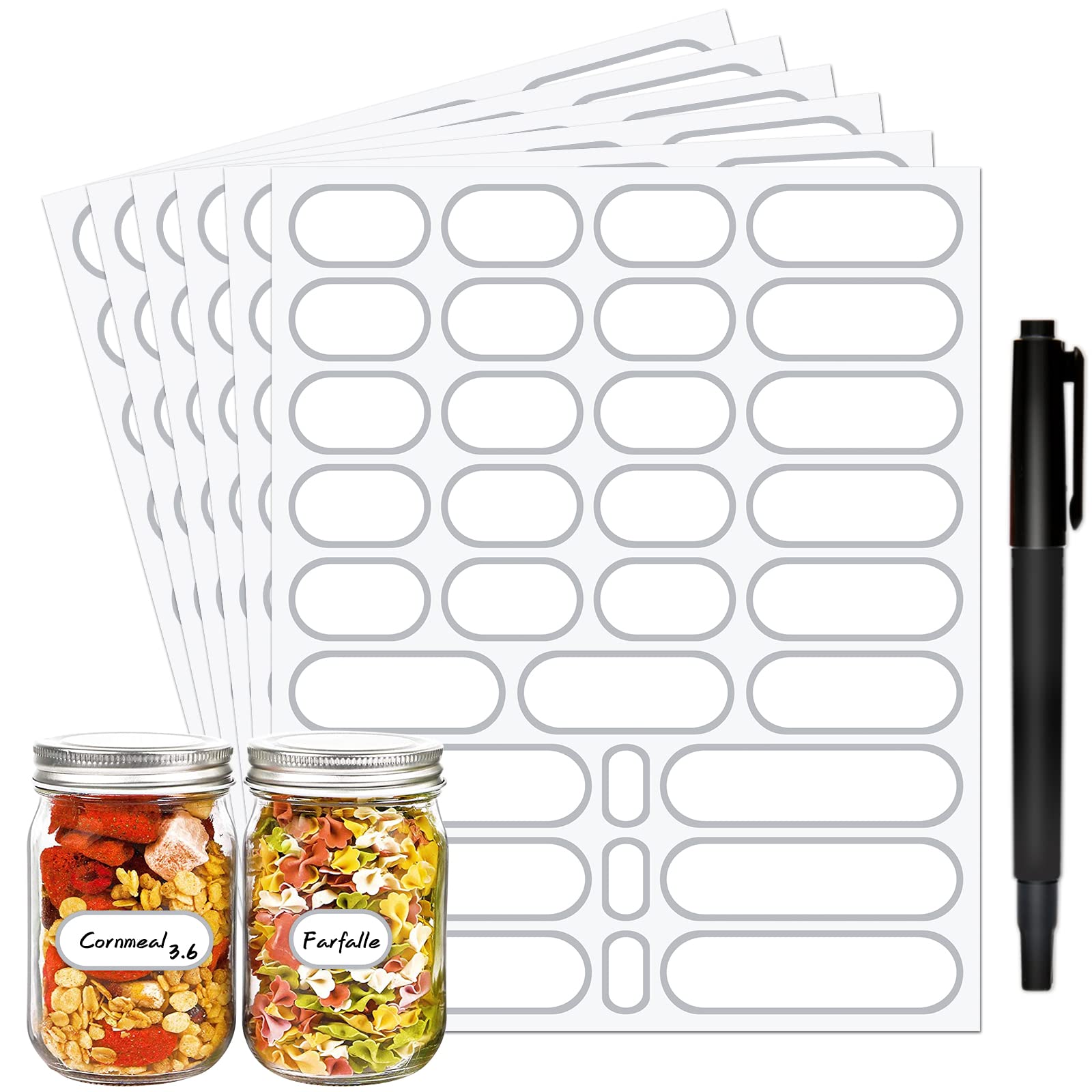 JaoNanl Waterproof Pantry Labels Stickers (192 Pieces - 4 Sizes, Silver | Includes Marker Pen for Mason Jars, Spice Containers, Kitchen Cupboard & Bottles