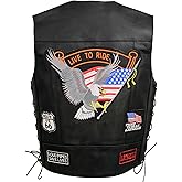 EVENT LEATHER ELM3930 Men’s Black Motorcycle Riders Leather Vest w/ 9 Patches and Adjustable Side Laces