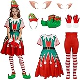 IKKOIGOOZD 11Pcs Christmas Elf Costume Adult Women Elf Dress Suit with Elf Ears Hat Shoes Striped Socks Cosplay Xmas Party