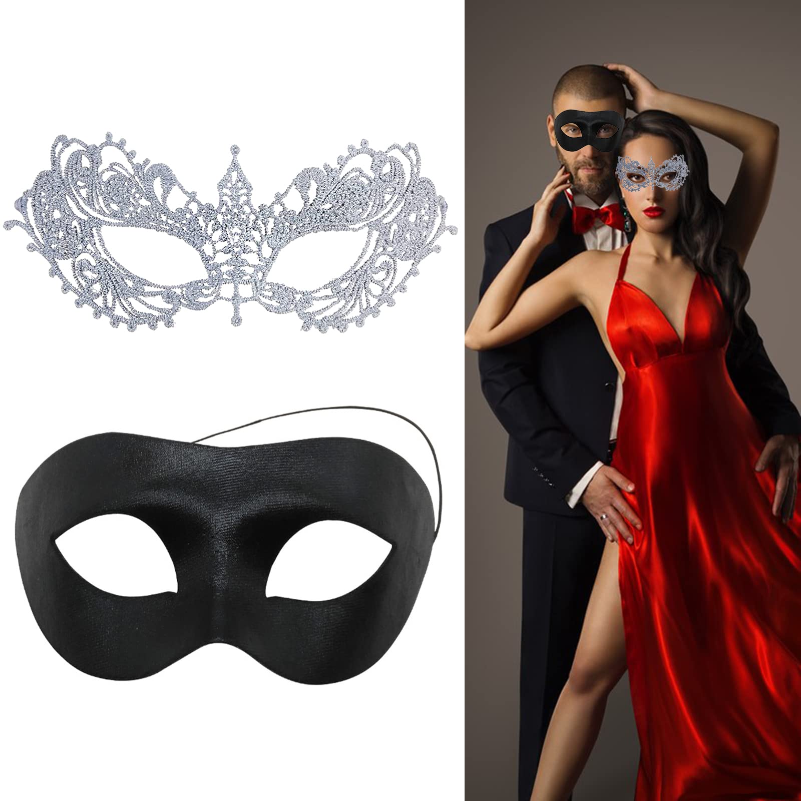 EQLEF Masquerade Masks for Couples - Venetian Lace Masks for Men & Women - Ball, Halloween, Mardi Gras, Cosplay