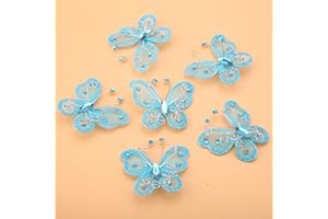 24pcs Christmas Butterfly Ornaments Mesh Wire Glitter Butterfly Wedding Party Clothing Wall Tree Decoration DIY Supplies(Blue