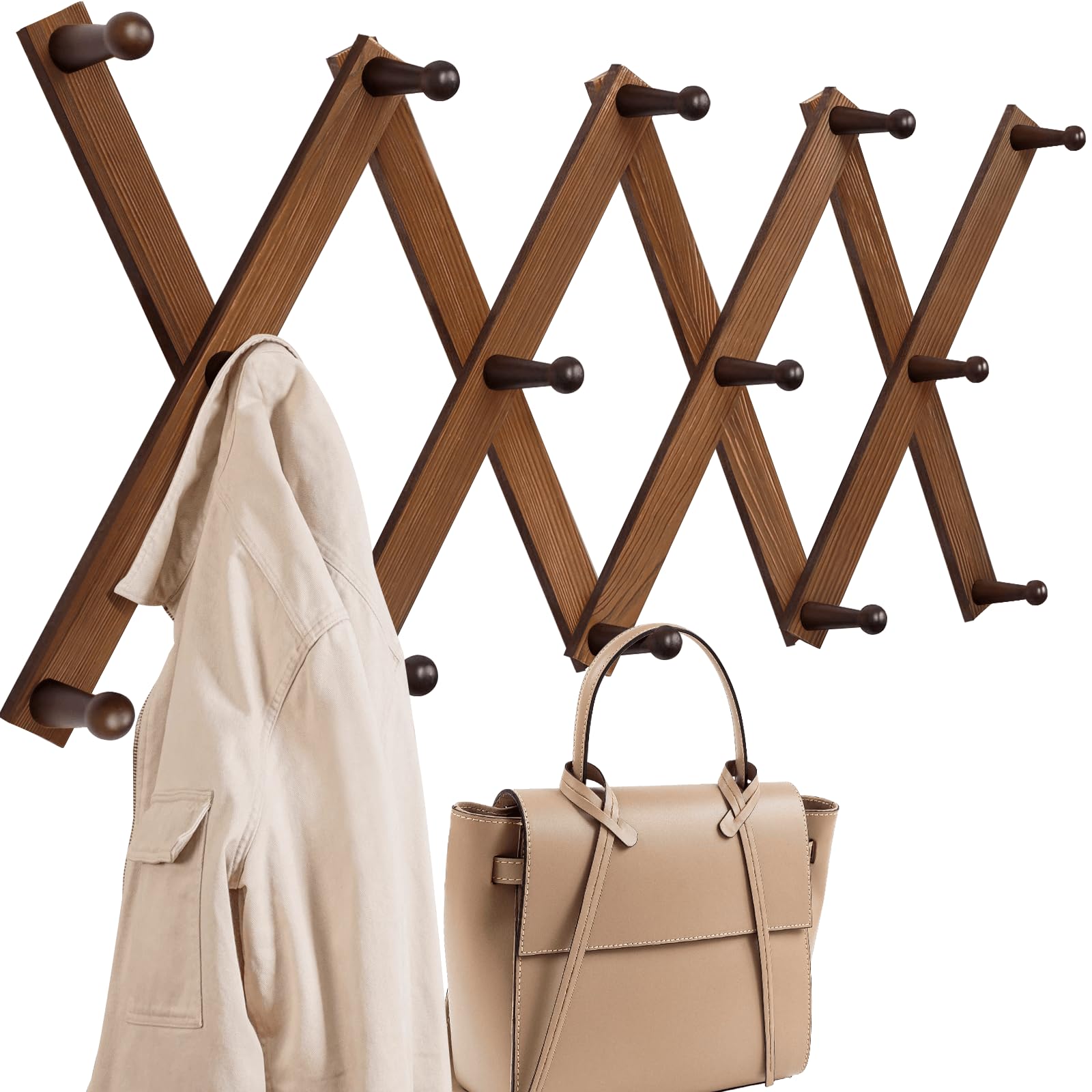Photo 1 of Homode Accordion Wall Hanger, Hat Rack for Wall, Wood Expandable Coat Rack, Vintage Accordian Peg Hooks Purse Organizer for Hanging Baseball Caps, Coffee Mug, Hats, Clothes, Backpack, Towel