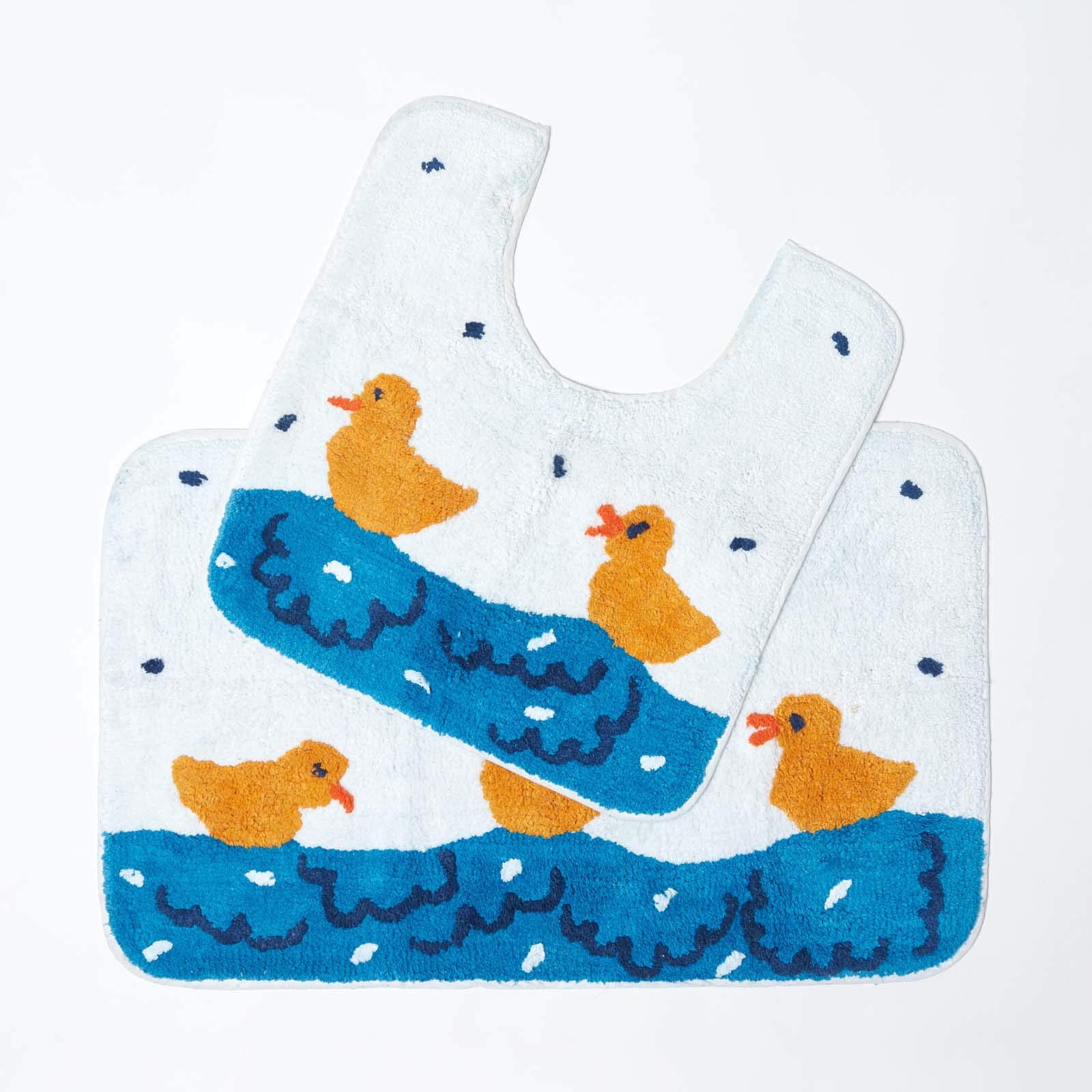 HOMESCAPES Duck Pond Bath Mat and Pedestal Mat Set, 45x75cm and 45x50cm, 1400 GSM rug in 100% Cotton, Non Slip Spray Back, Washable at Home