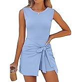 Caracilia Women Summer Sleeveless Bodycon Tie Cinched Waist Romper Skort Mini Dress Built in Shorts Night Out Vacation Dress