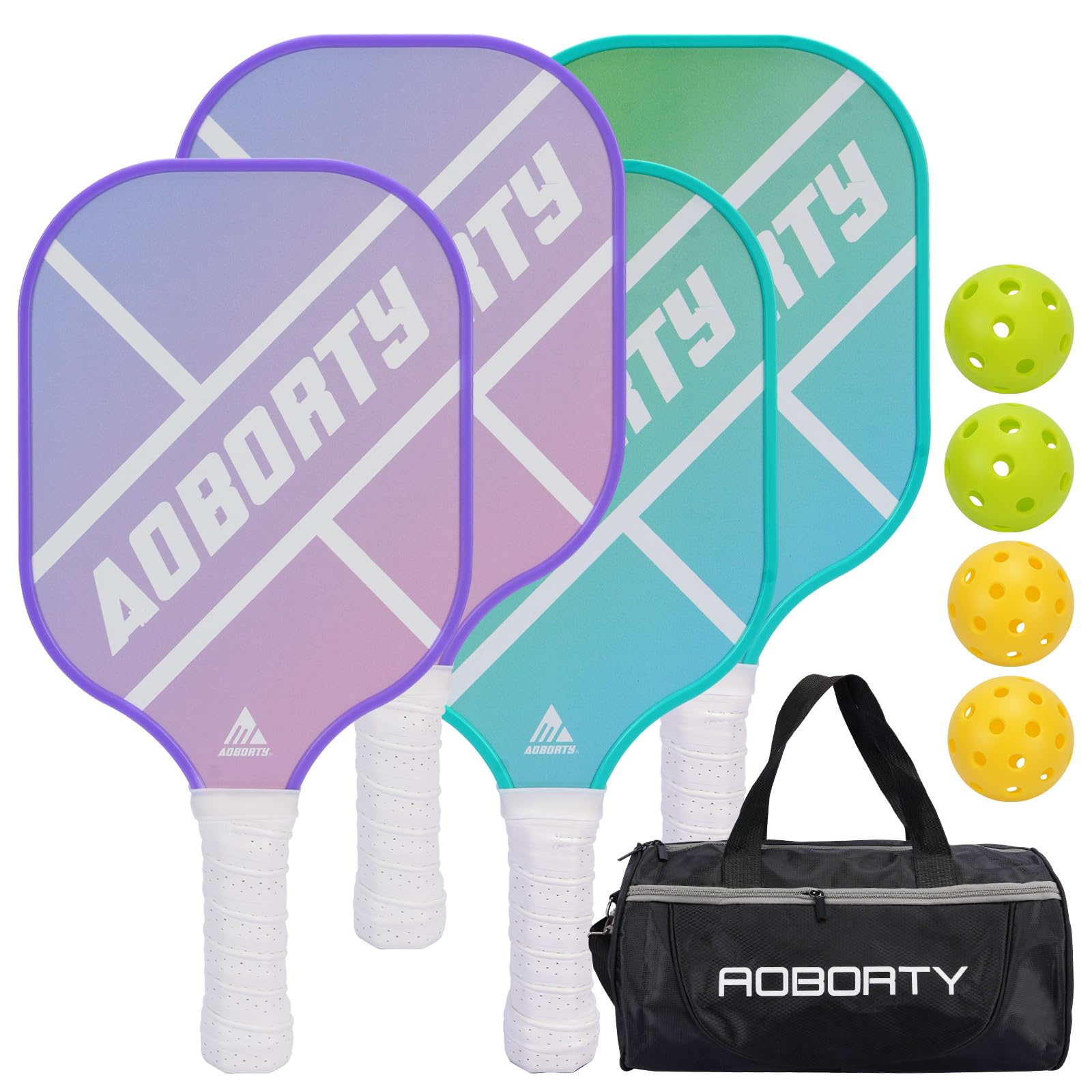 AOBORTY Pickleball Paddles 4 Pack - USAPA Light Graphite Premium Rackets Fiber Face & Polymer Honeycomb Core Pickleball Set with 4 Outdoor Indoor Balls Including Portable Carry Bag Image