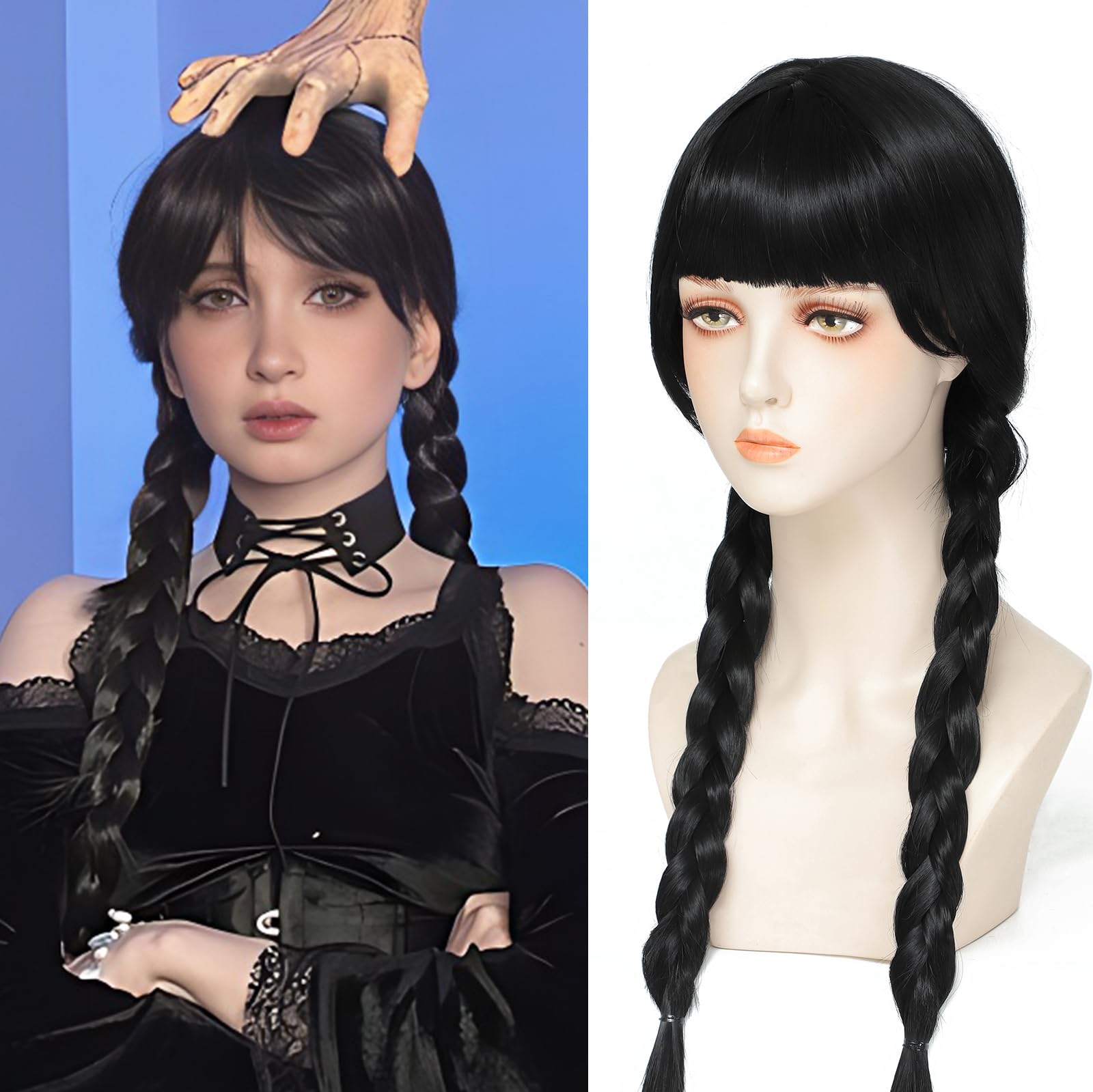Yamel Wednesday Addams Cosplay Wig Long Hair Heat Resistant Adjustable Fit 23 Inches Double Braided Black Wigs With Bangs for Halloween Cosplay — image 1