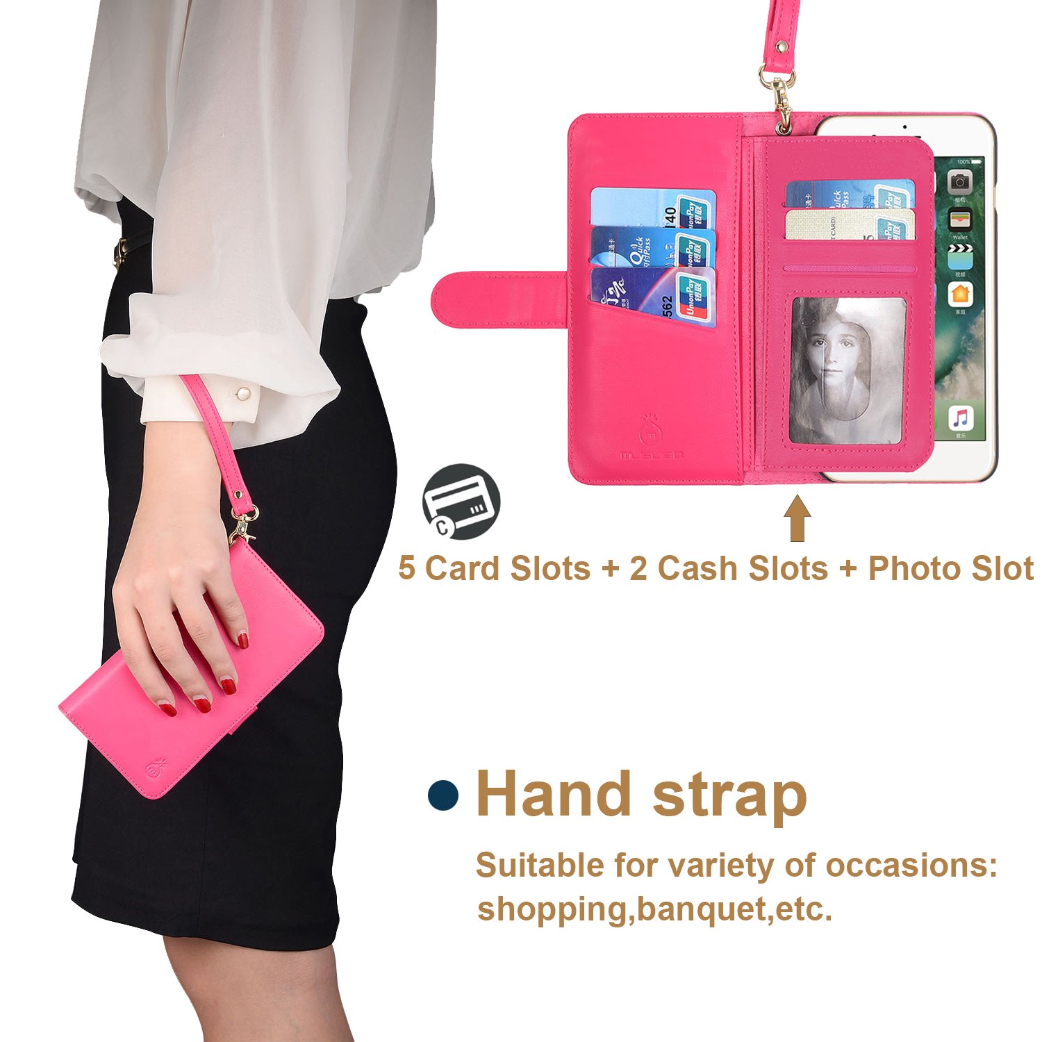 2 in 1 iPhone 7 iPhone 8 Case Wallet Folio Flip PU Leather Case Magnetic Detachable Inner Shell and Slim Back Cover Card Holder Slot Wrist Strap for iPhone 7 iPhone 8 4.7 inch (Hot Pink-7/8)