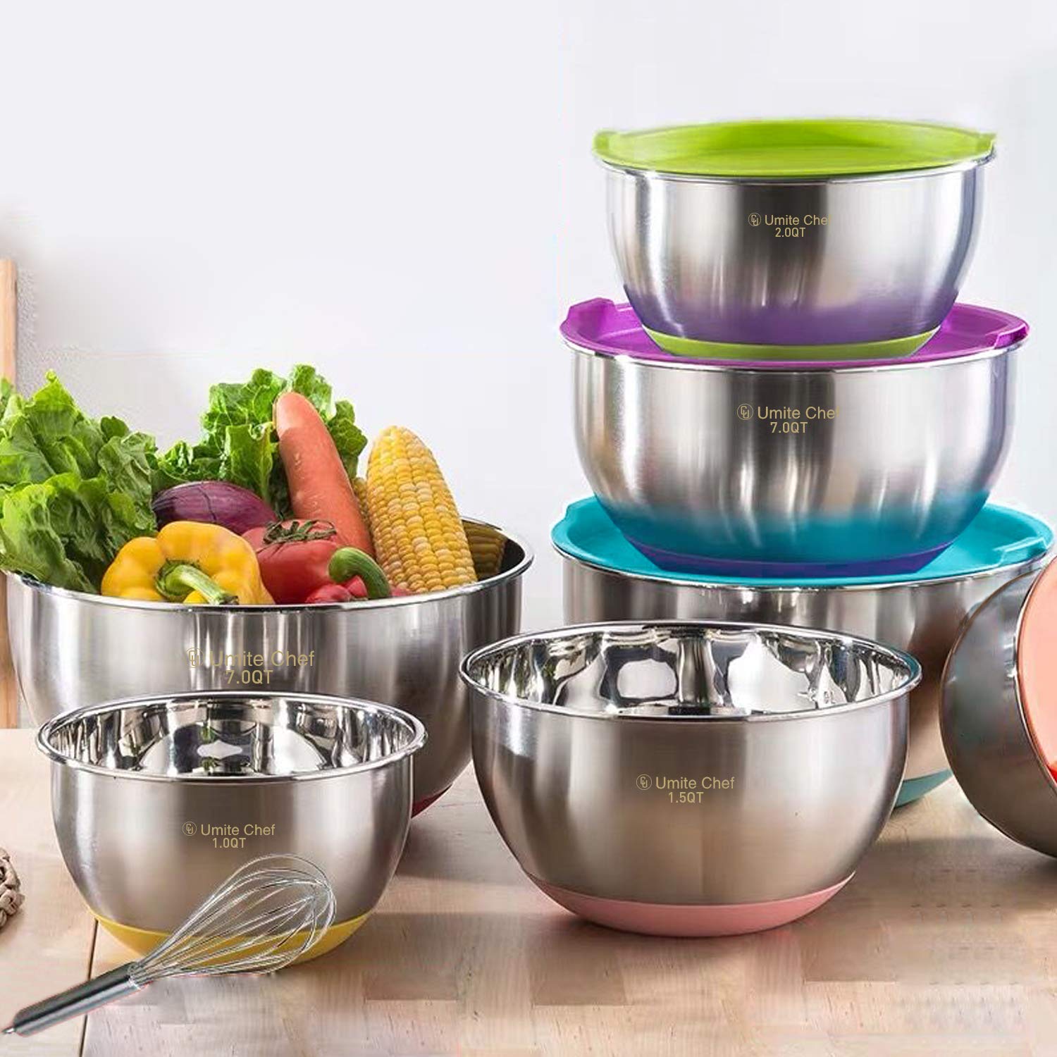 Umite Chef Mixing Bowls with Airtight Lid, 6 Piece Stainless Steel Metal Bowls