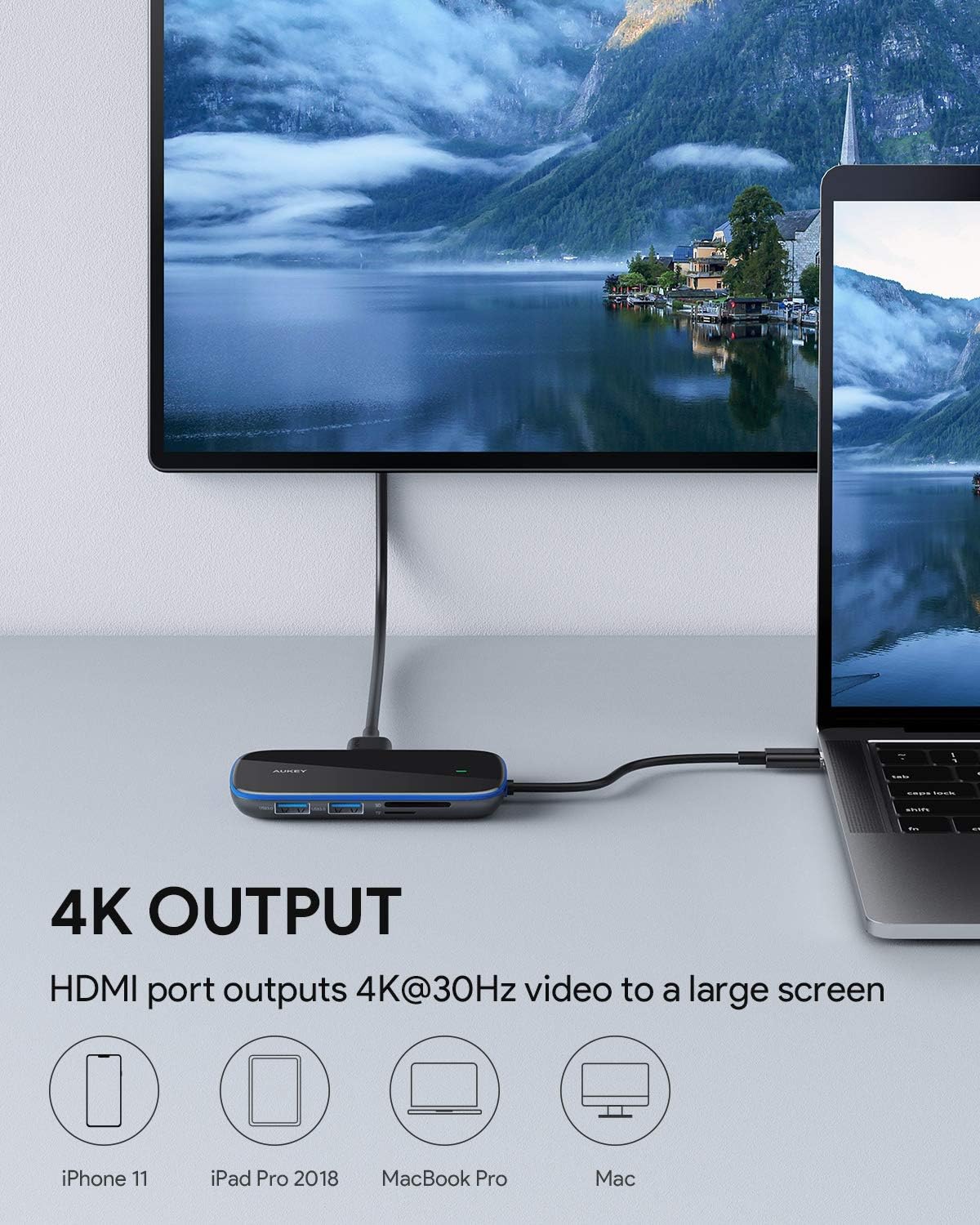 USB C Hub AUKEY 8 in 1 Aluminum-Glass Type C Hub with Ethernet Port,4K USB C to HDMI, 3 USB 3.0 Ports, 100W USB C PD Charging, SD/TF for MacBook, Chromebook and Other USB C Laptops: Computers & Accessories