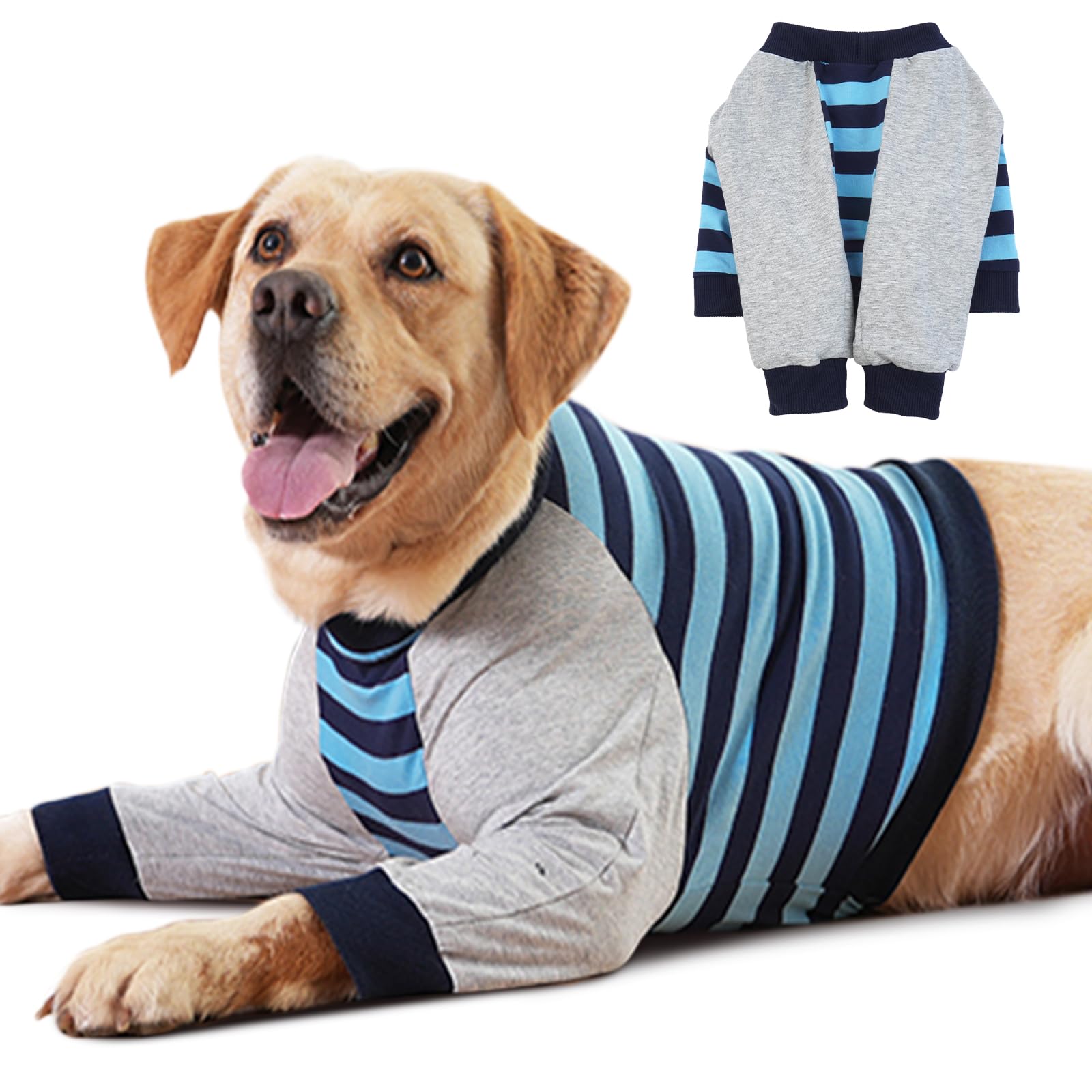 Photo 1 of FUAMEY Dog Recovery Sleeve with Elbow Protector,Dogs Shirt Stop Licking Joints,Pet Long Sleeve Suit Protecting Dog's Front Leg Arm Wounds Cover Skin Conditions Blue Stripes 3XL