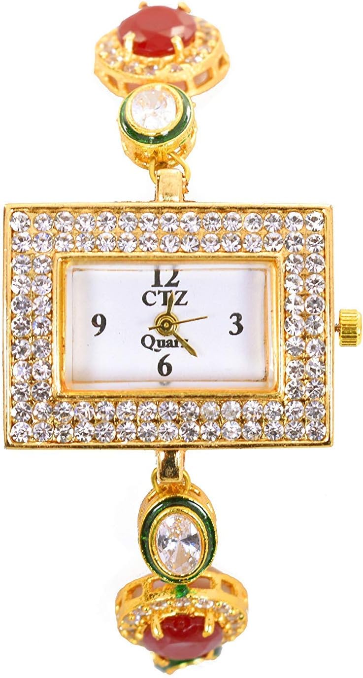 Renown Kundan Gold Plated American Diamond Analog Rectangular Dial with Adjustable Chain Bracelet Watch for Women/Girls- 1pc Set