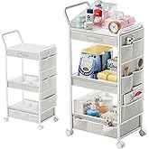 BBLIKE 3-Tier Diaper Caddy Organizer - Rolling Utility Baby Cart with Drawer and Side Pockets for Nursery and Baby Essentials, Multi-Function Cart for Bedroom and Bathroom, White