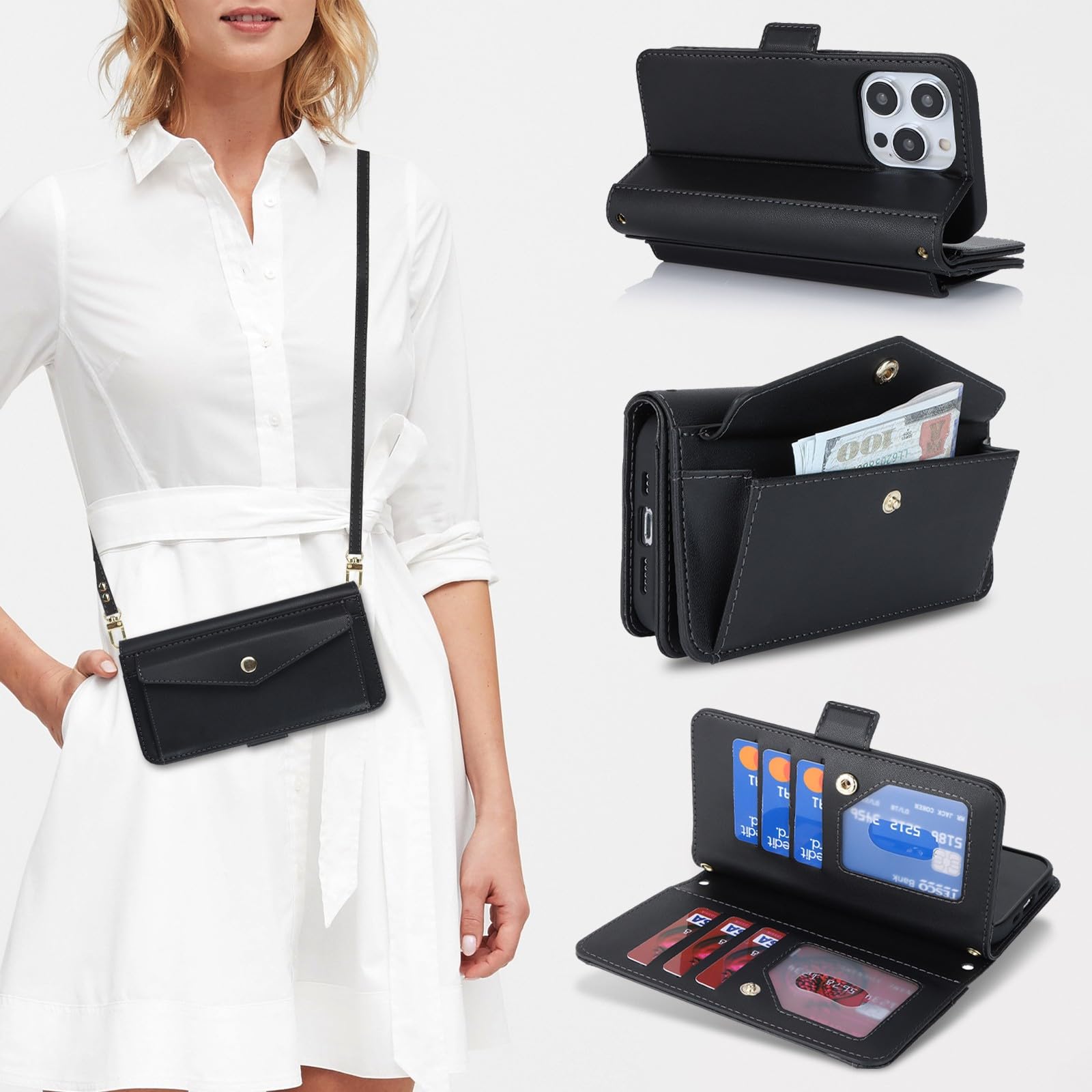 Zouzt for iPhone 14 Pro Max Wallet Case for Women, Purse with Credit Card Holder Slots Crossbody Lanyard Strap Flip Folio Book Shockproof Protective Cover for Apple iPhone 14 Pro Max 6.7 Inch (Black)