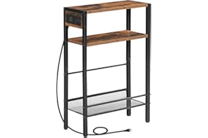 HOOBRO Small Narrow Side Table with Charging Station, Skinny End Table for Small Spaces, Slim Nightstand with USB Ports Outlet, Sofa Beside Table with Storage Shelf, Rustic Brown and Black BF102UBZ01