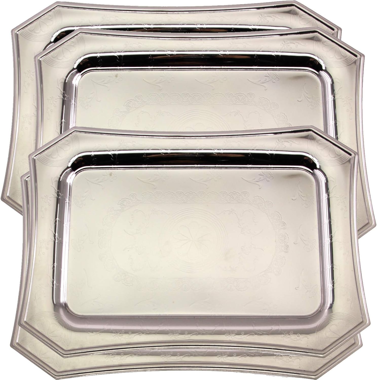 Maro Megastore (Pack of 4) 13.8 inch x 9.8 inch Octagonal Chrome Plated Serving Tray Stylish Design Floral Engraved Edge Decorative Party Birthday Wedding Dessert Buffet Wine Platter Plate CC-985