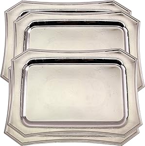 Maro Megastore (Pack of 4) 13.8 inch x 9.8 inch Octagonal Chrome Plated Serving Tray Stylish Design Floral Engraved Edge Decorative Party Birthday Wedding Dessert Buffet Wine Platter Plate CC-985