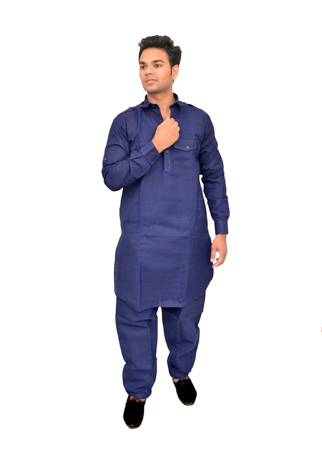 royal attire navy blue stylish regular fit pathani kurta salwar for men