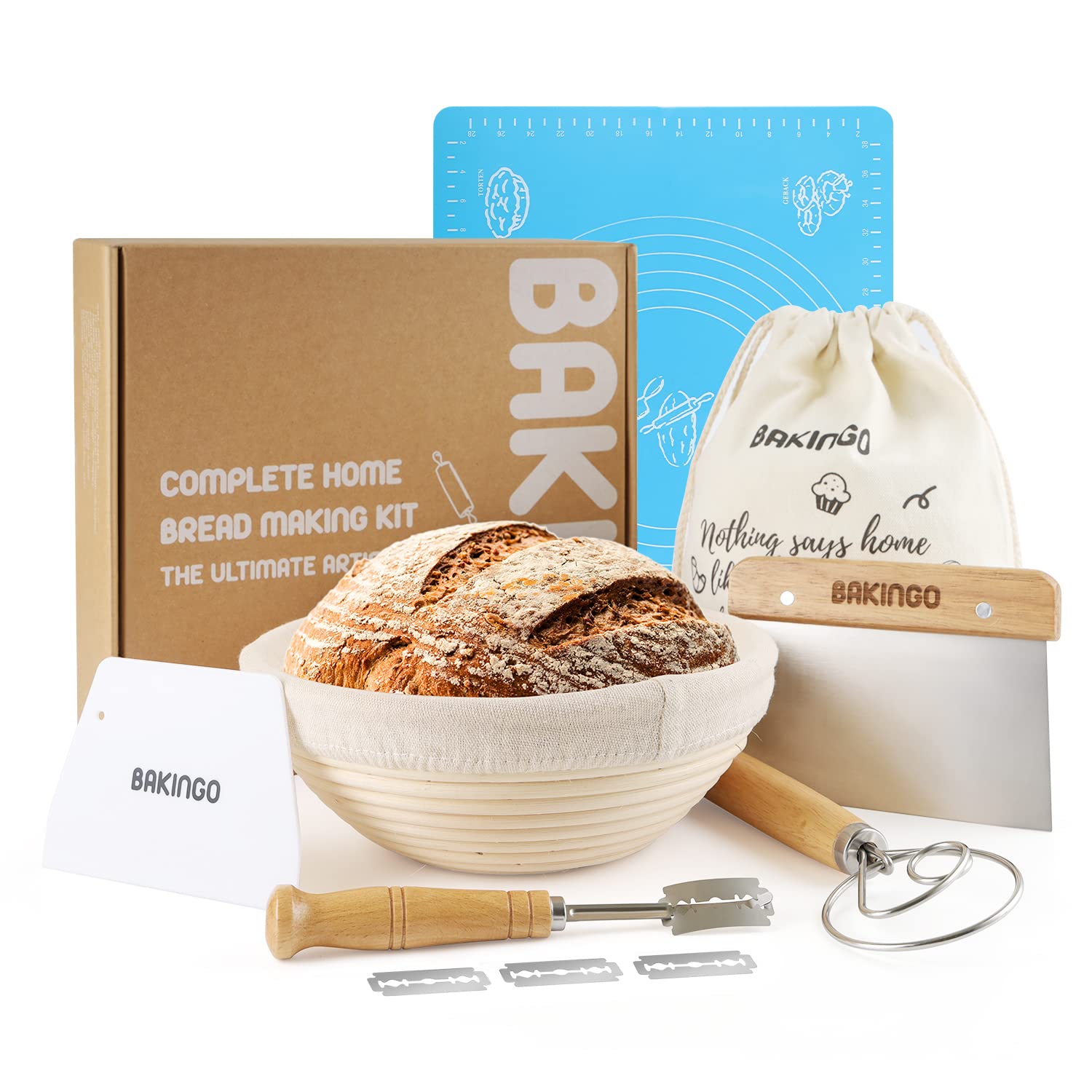 Bread Basket Kit for Sourdough Starter Proofing by Bakingo, With 10 Inch Natural Rattan Bread Basket, Bread Lame, Bread Bag, Dough Scraper, Measuring Mat, and Danish Whisk for Banneton Proofing