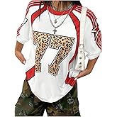 WDIRARA Women's Leopard Number Print Jerseys Oversized Colorblock Drop Shoulder Crew Neck Short Sleeve T-Shirt