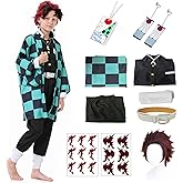 Powzaty Anime Kimono Costumes Men Boys Halloween Cosplay Green Outfits Cape Festival Uniform Dress Up with Wig