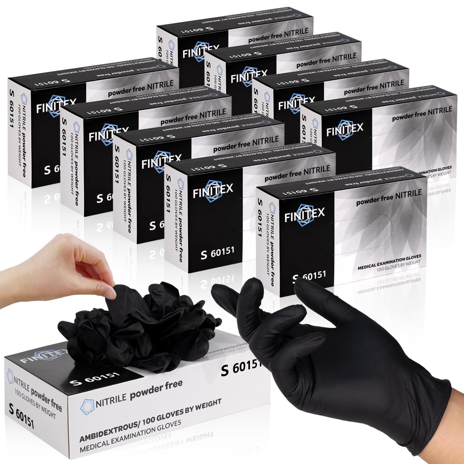 Photo 1 of FINITEX - Black Nitrile Disposable Gloves, Exam Gloves, Powder-free, Latex-free, 3mil, 1000PCS (X-Large)