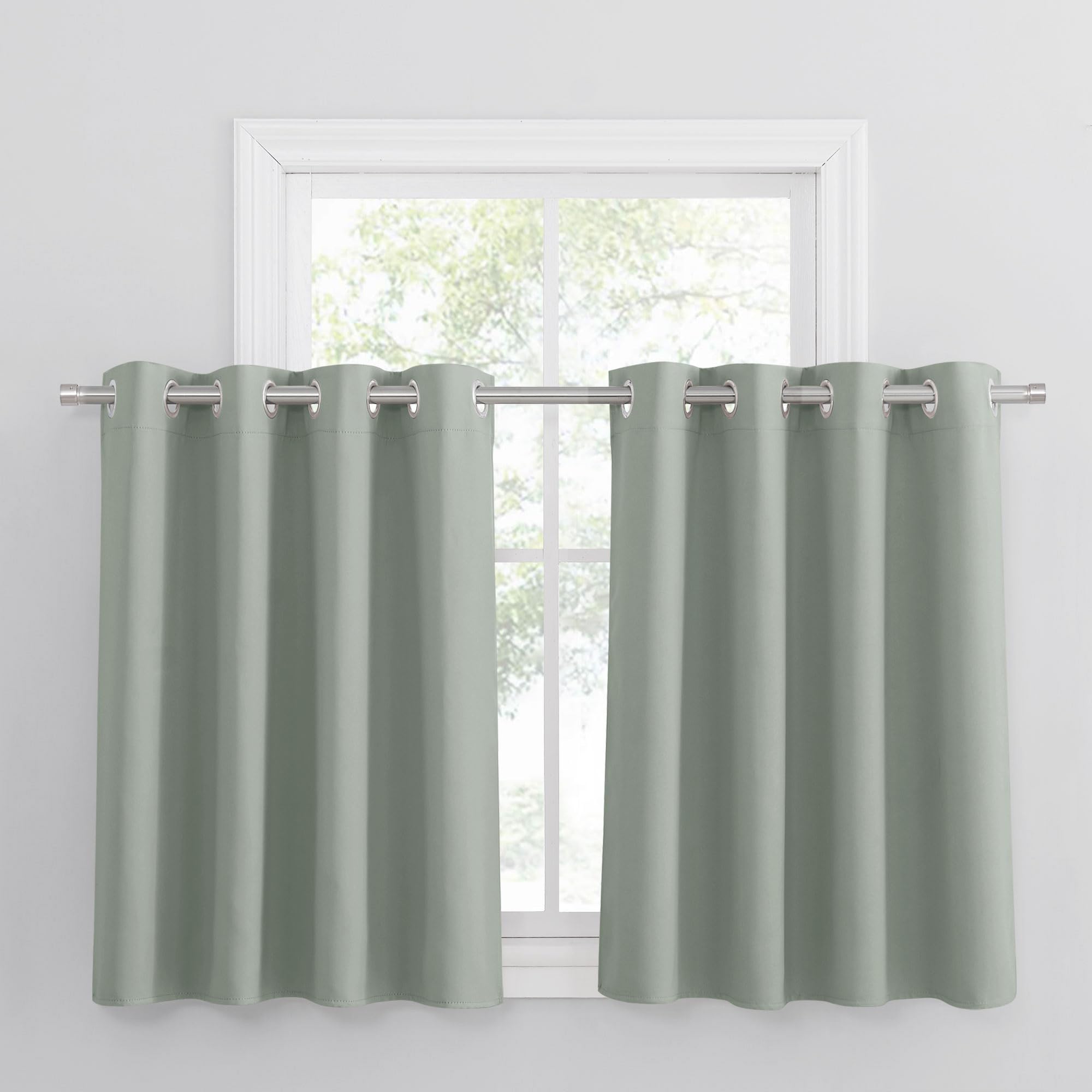PONY DANCE Green Sage Short Eyelet Blackout Curtains - Short Sunlight Blocking Thermal Curtains & Drapes for Kid's Room Kitchen Bedroom Window Treatment Privacy Protect Drapes, 52 x 36 Inch, 2 Panels