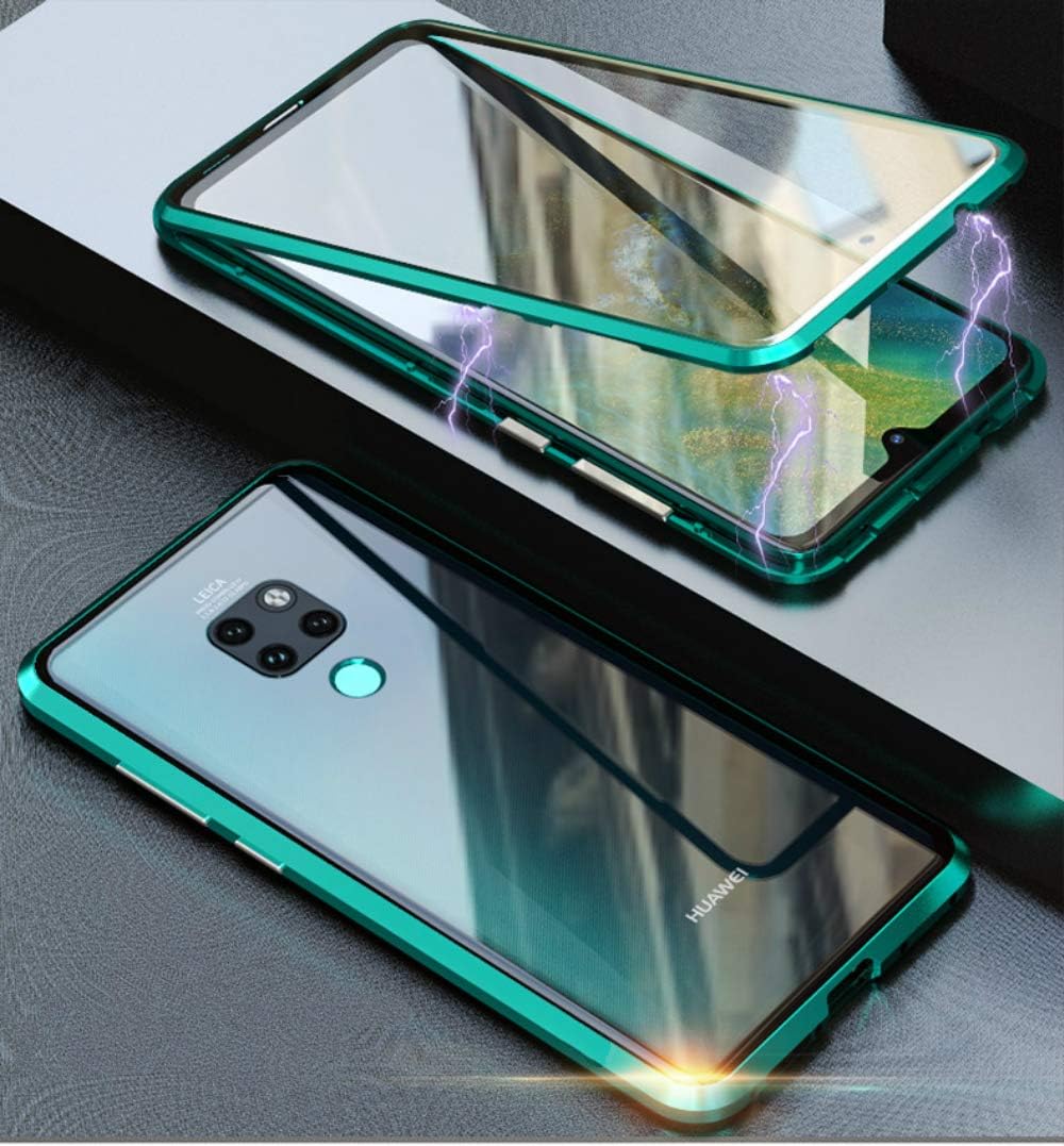 Huawei Mate 20 Pro Magnetic Case,Transparent Tempered Glass Front and Back Cover + Magnetic Adsorption Metal Shockproof Frame Ultra-Slim Full Body Protective Flip Case for Huawei Mate20 Pro,Green