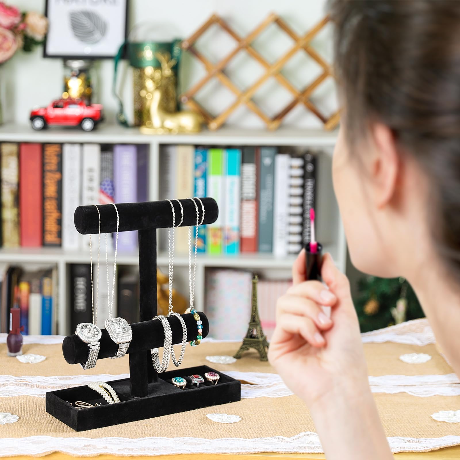 ByKen Jewelry ByKen Necklace Holder,Bracelet Holder,Jewelry Organizer Stand with Earrings Rings Tray,Jewelry Holder for Scrunchie Watches (Black Velvet)